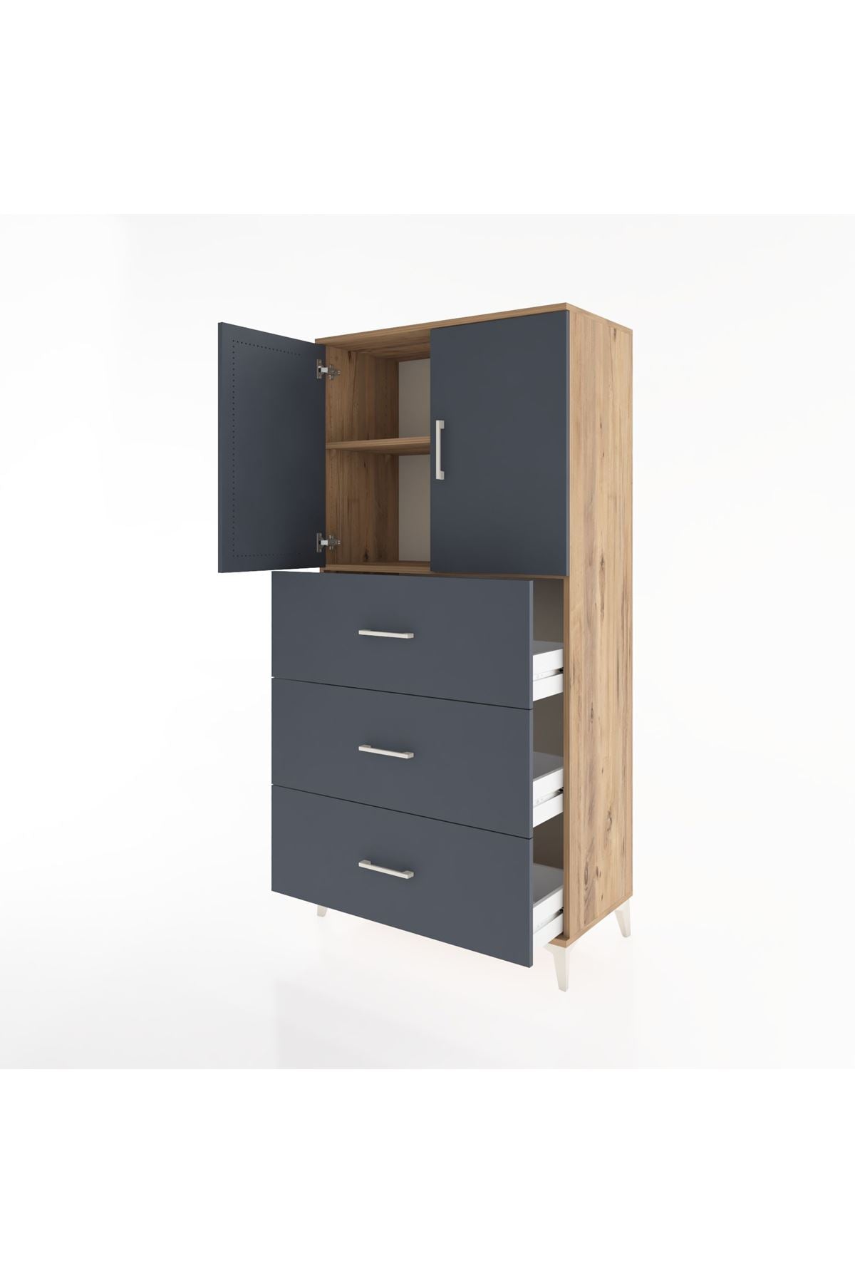 Hyperion Dolap 2 Raflı 3 Çekmeceli 2 Kapaklı 88x44x182 Çam-Antrasit