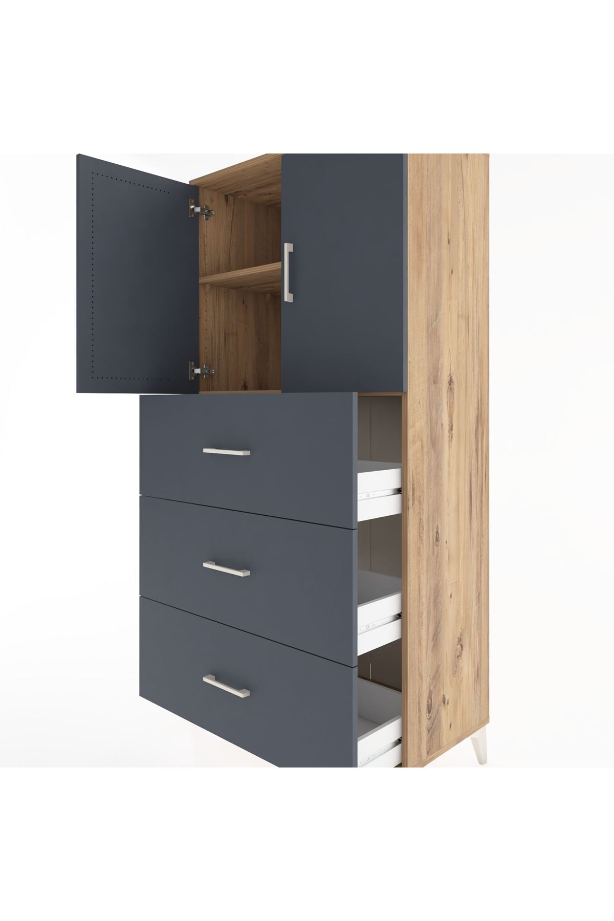 Hyperion Dolap 2 Raflı 3 Çekmeceli 2 Kapaklı 88x44x182 Çam-Antrasit