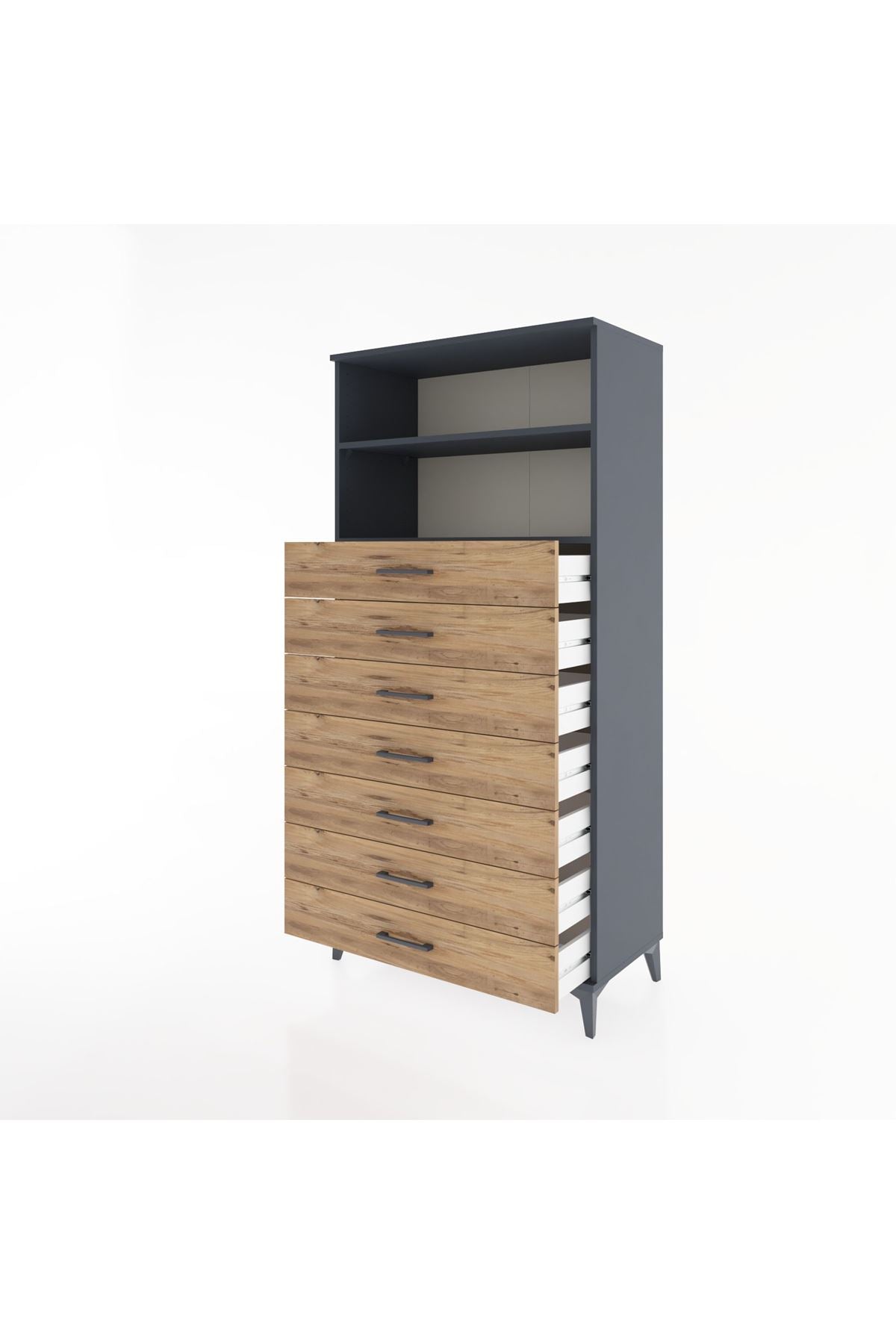 Hyperion Dolap 2 Raflı 7 Çekmeceli 88x44x182 Antrasit-Çam