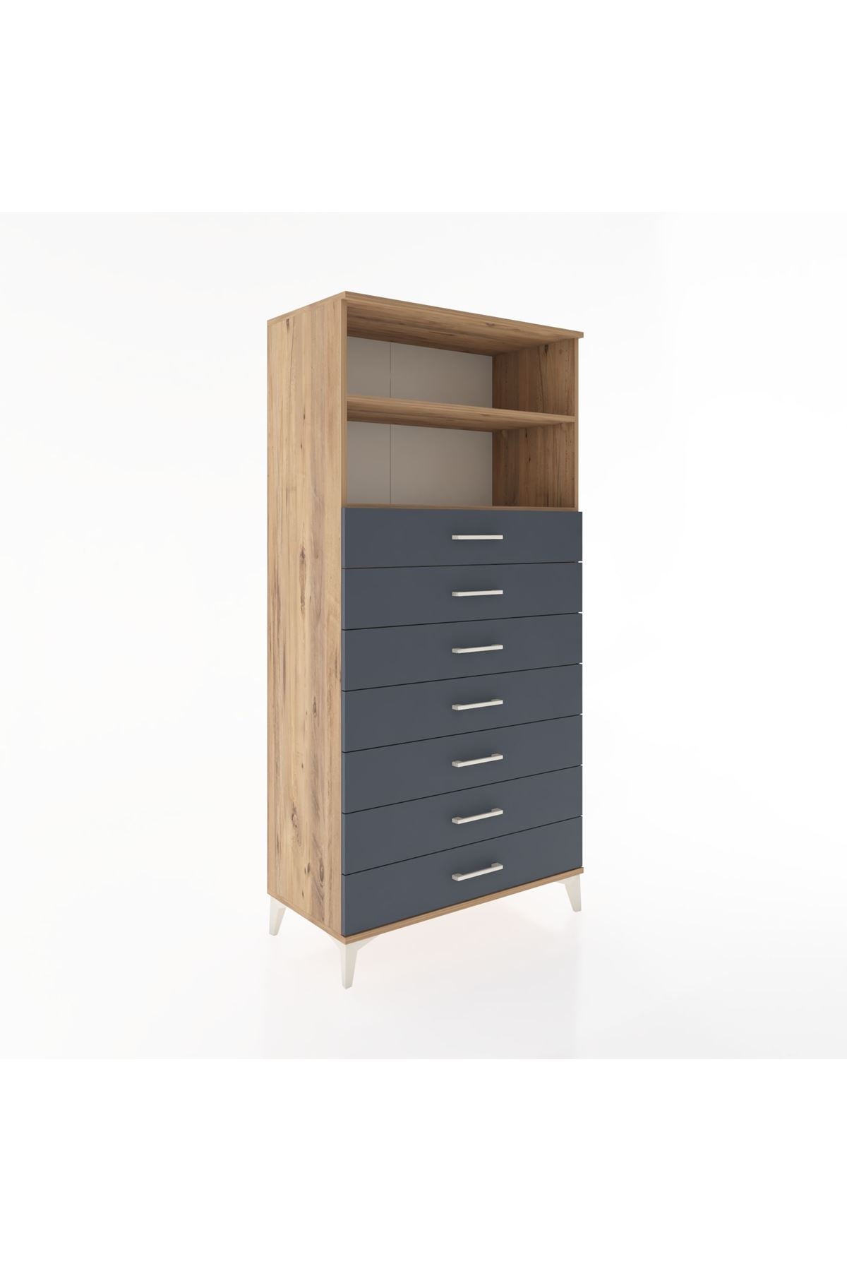 Hyperion Dolap 2 Raflı 7 Çekmeceli 88x44x182 Çam-Antrasit