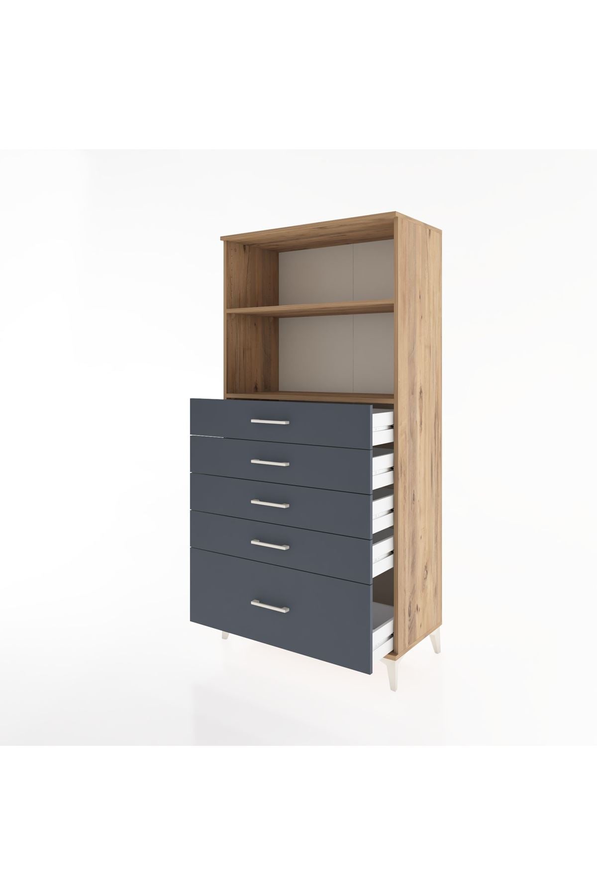 Hyperion Dolap 2 Raflı 5 Çekmeceli 88x44x182 Çam-Antrasit