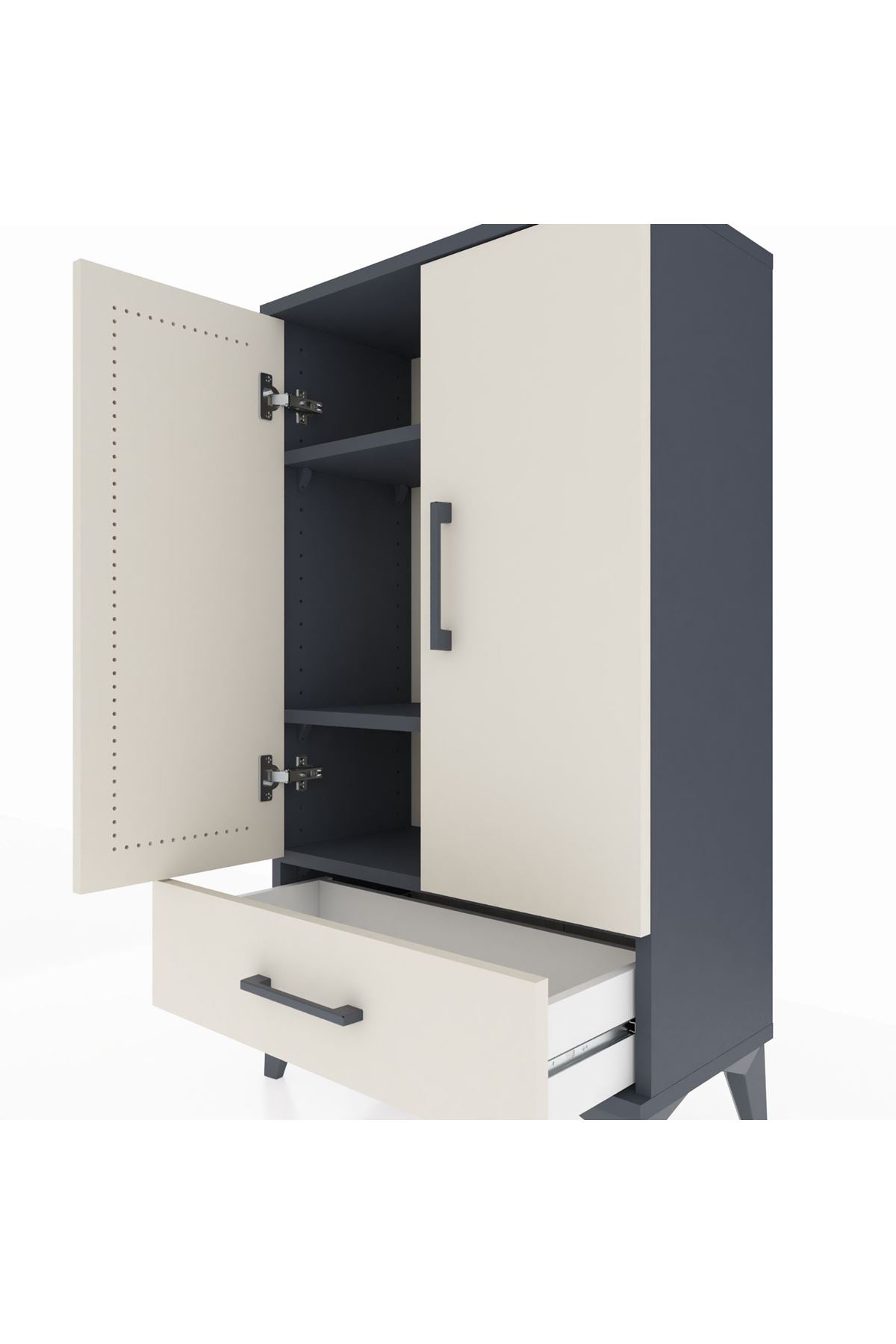 Arges Komodin 3 Raflı Tek Çekmeceli 2 Kapaklı 60x30x106 Antrasit-Aytaşı