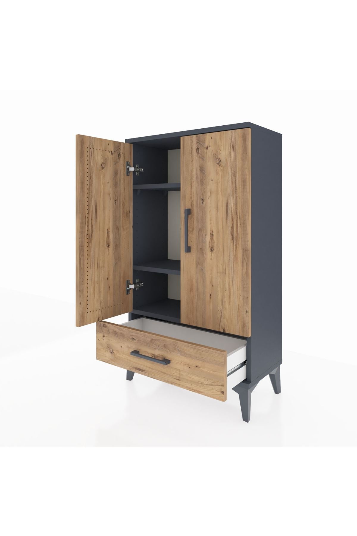 Arges Komodin 3 Raflı Tek Çekmeceli 2 Kapaklı 60x30x106 Antrasit-Çam