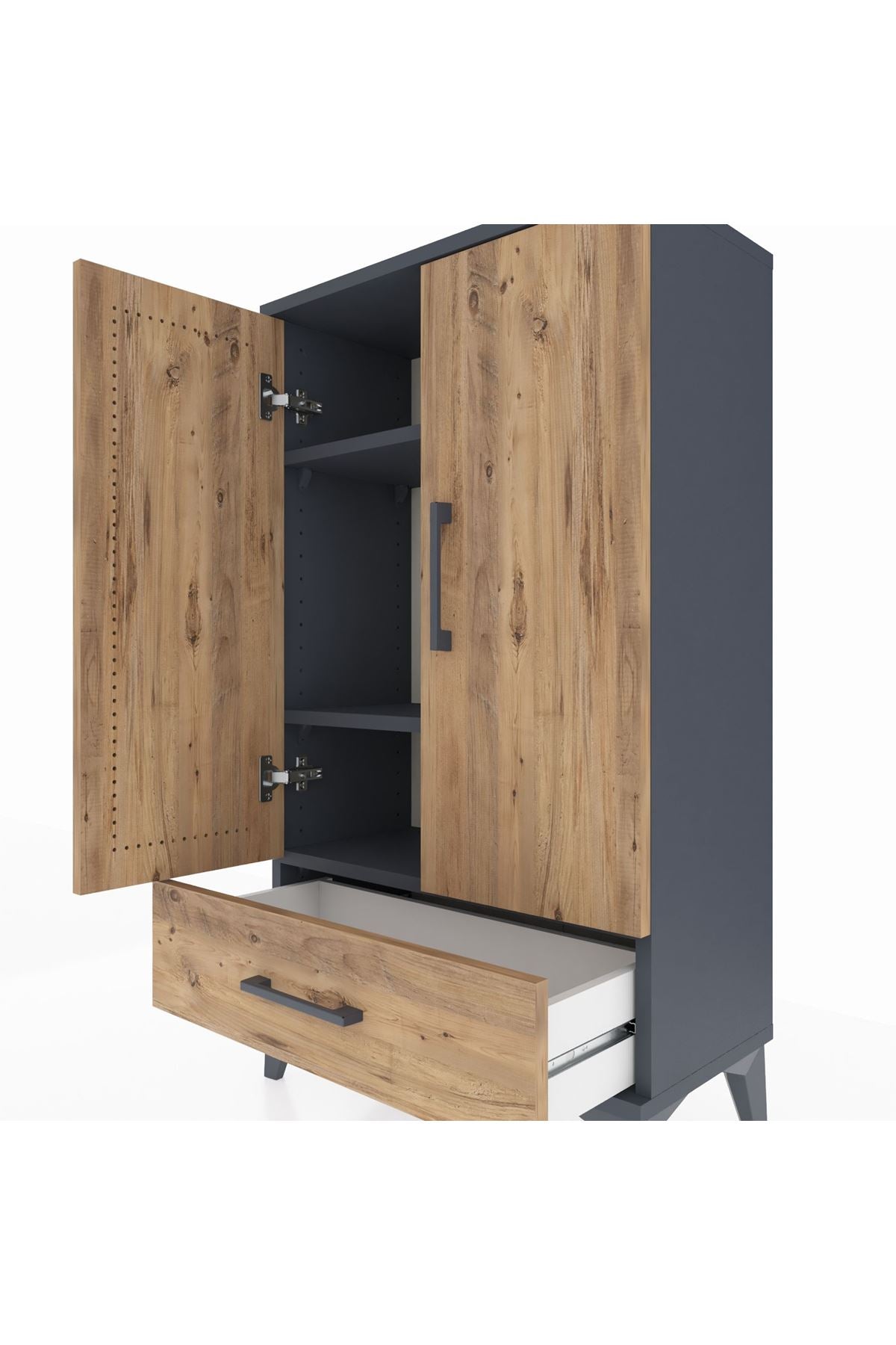 Arges Komodin 3 Raflı Tek Çekmeceli 2 Kapaklı 60x30x106 Antrasit-Çam