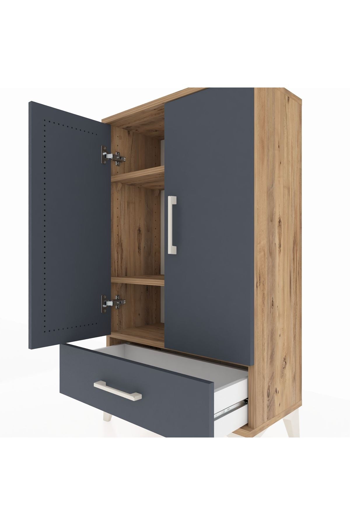 Arges Komodin 3 Raflı Tek Çekmeceli 2 Kapaklı 60x30x106 Çam-Antrasit