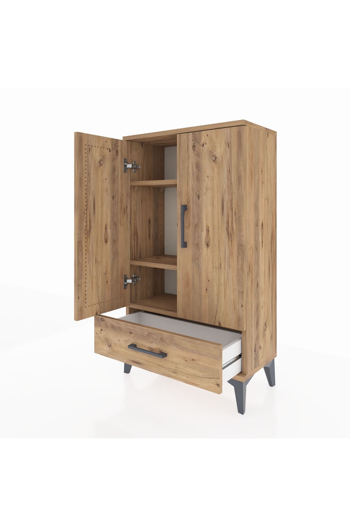 Arges Komodin 3 Raflı Tek Çekmeceli 2 Kapaklı 60x30x106 Çam-Çam