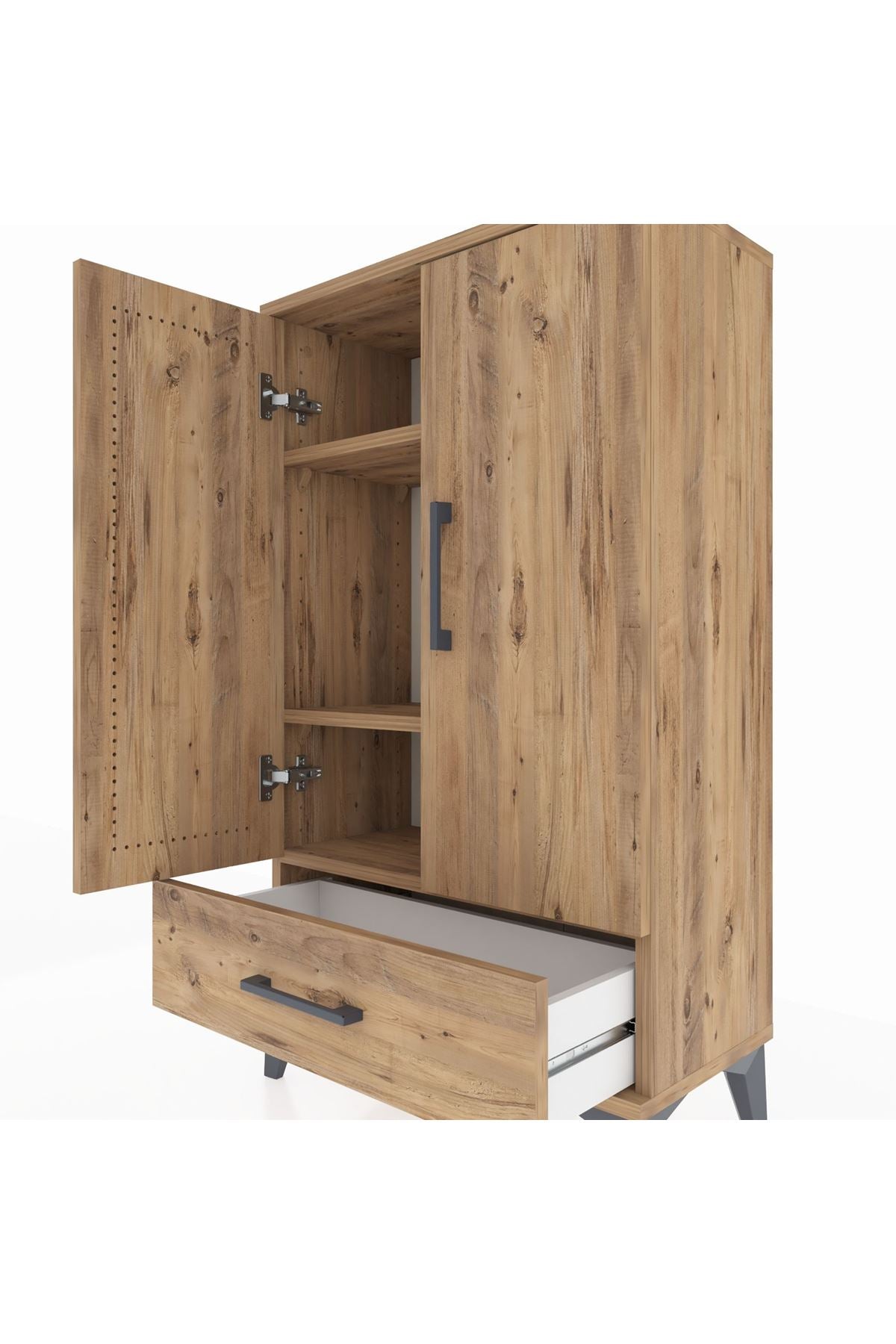 Arges Komodin 3 Raflı Tek Çekmeceli 2 Kapaklı 60x30x106 Çam-Çam