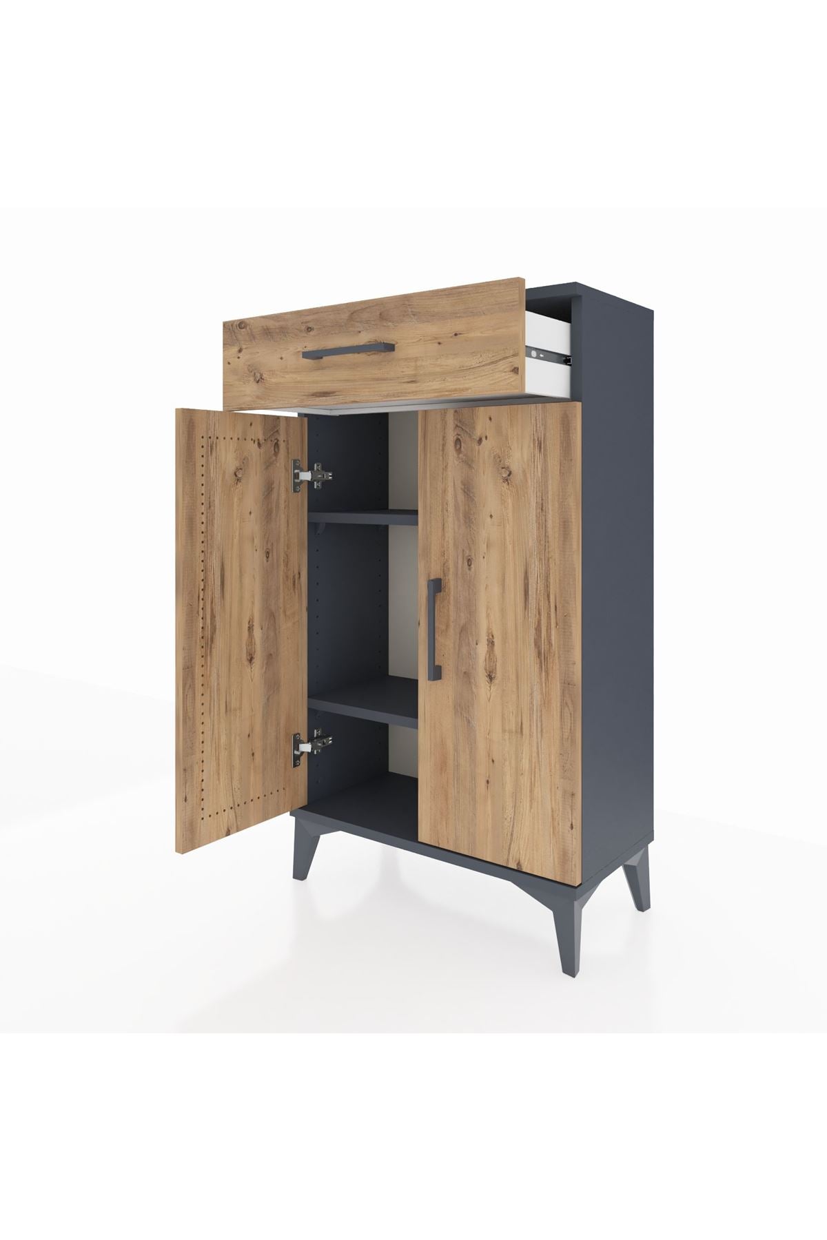 Arges Komodin 2 Raflı Tek Çekmeceli 2 Kapaklı 60x30x106 Antrasit-Çam