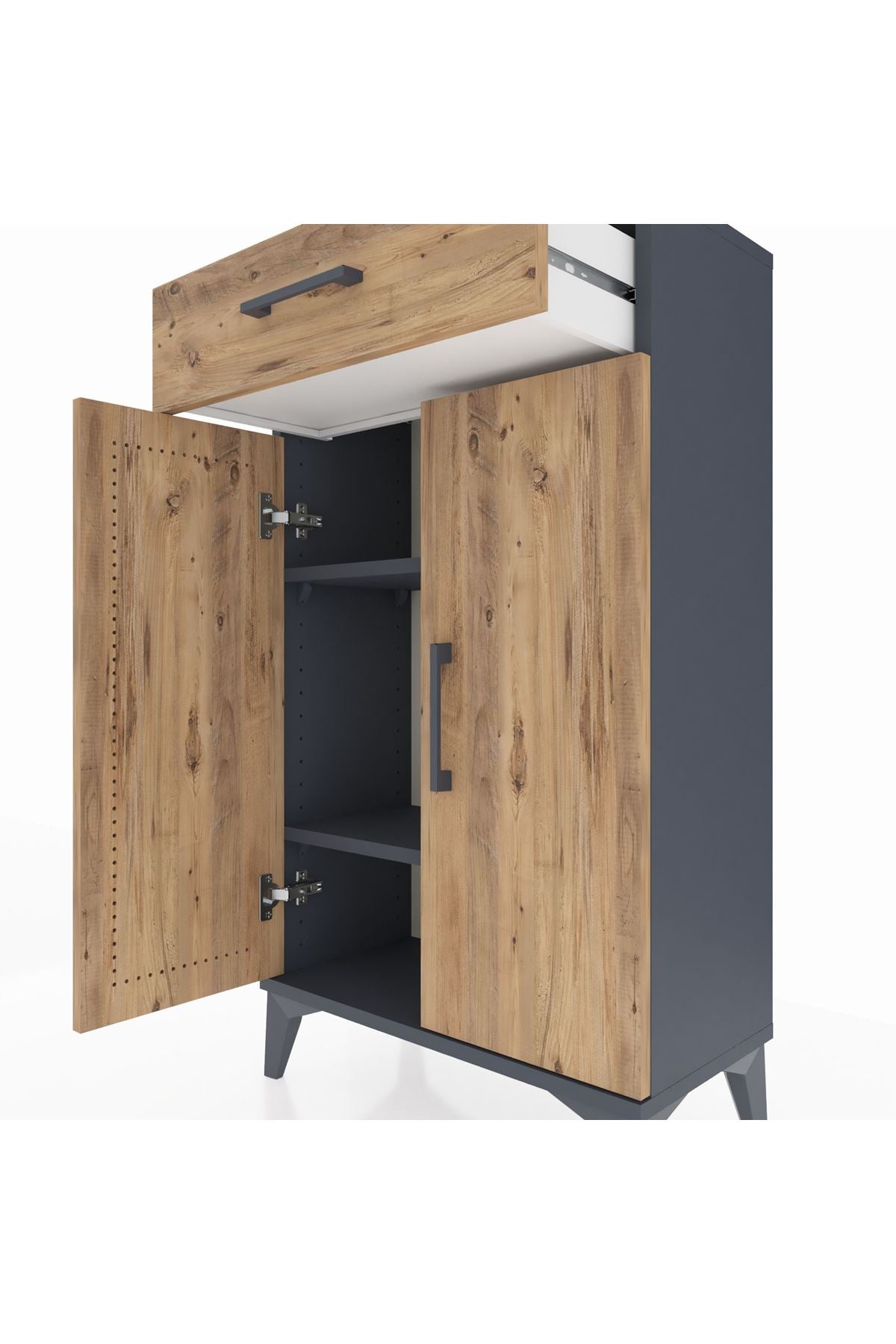 Arges Komodin 2 Raflı Tek Çekmeceli 2 Kapaklı 60x30x106 Antrasit-Çam