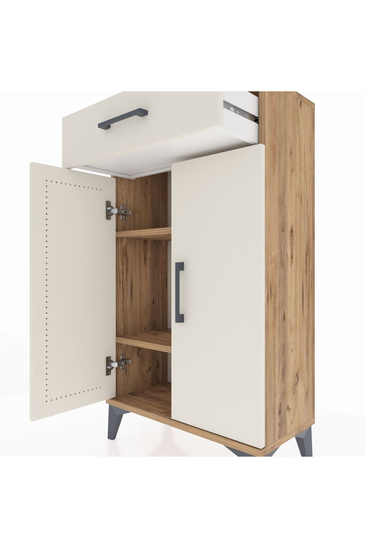 Arges Komodin 2 Raflı Tek Çekmeceli 2 Kapaklı 60x30x106 Çam-Aytaşı