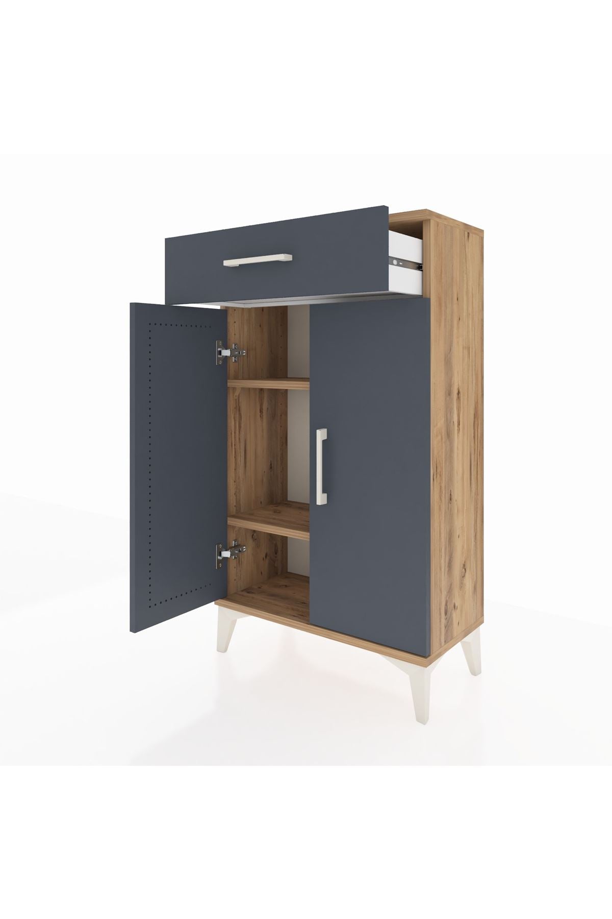 Arges Komodin 2 Raflı Tek Çekmeceli 2 Kapaklı 60x30x106 Çam-Antrasit