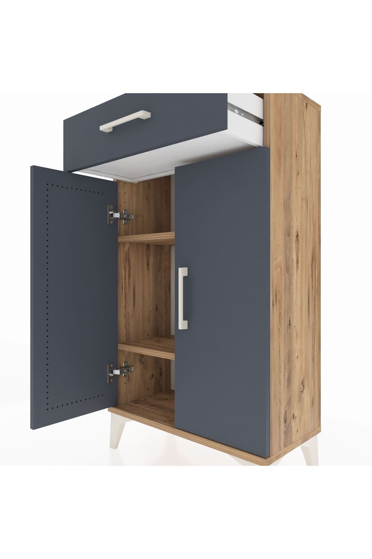 Arges Komodin 2 Raflı Tek Çekmeceli 2 Kapaklı 60x30x106 Çam-Antrasit