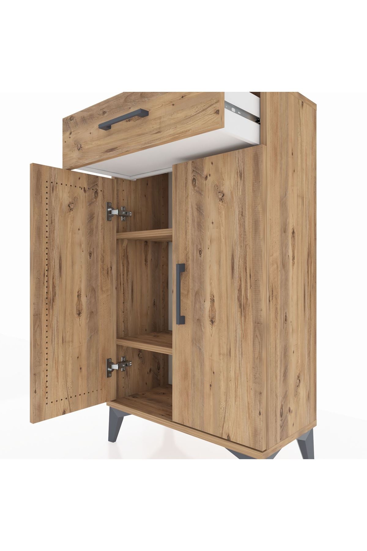 Arges Komodin 2 Raflı Tek Çekmeceli 2 Kapaklı 60x30x106 Çam-Çam