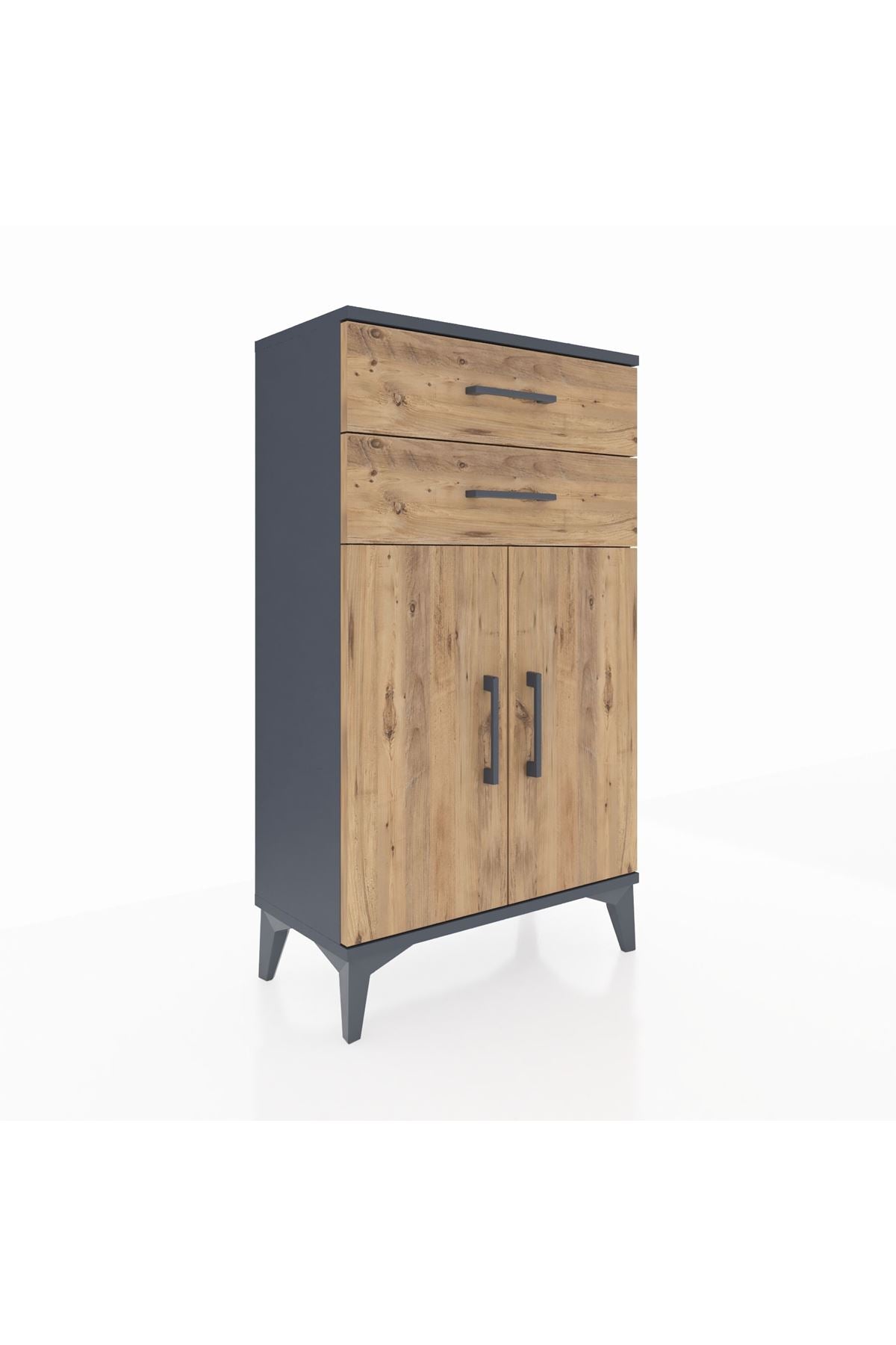 Arges Komodin Tek Raflı 2 Çekmeceli 2 Kapaklı 60x30x106 Antrasit-Çam