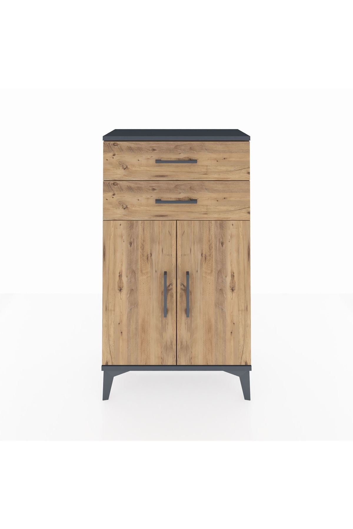 Arges Komodin Tek Raflı 2 Çekmeceli 2 Kapaklı 60x30x106 Antrasit-Çam