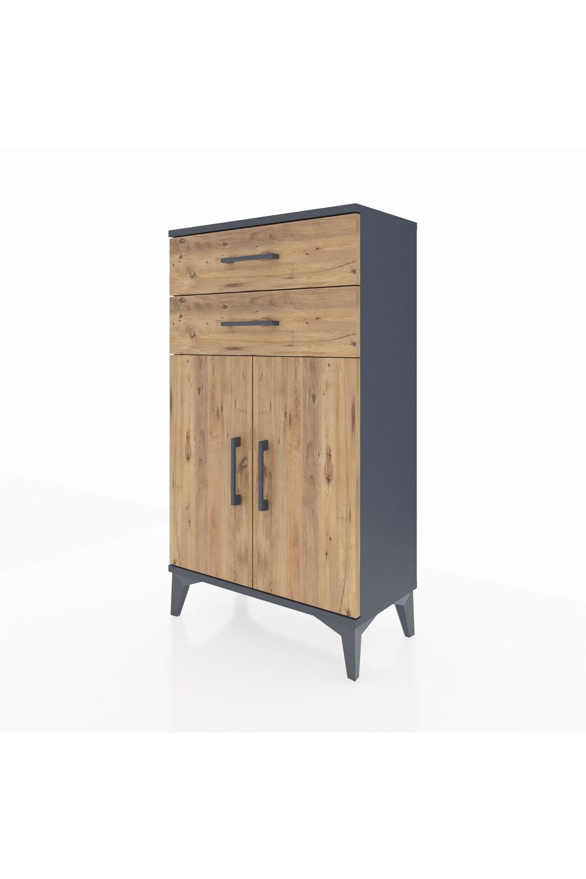 Arges Komodin Tek Raflı 2 Çekmeceli 2 Kapaklı 60x30x106 Antrasit-Çam