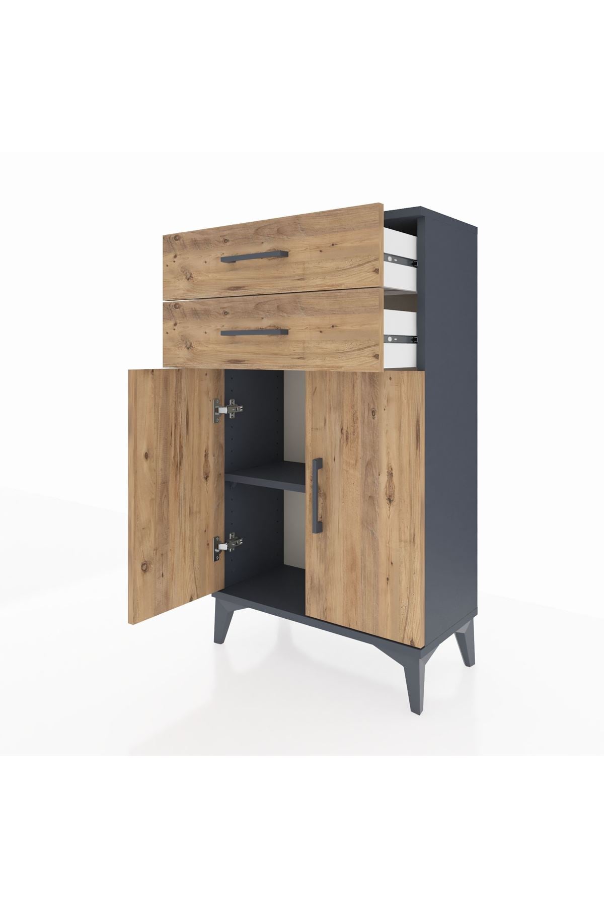 Arges Komodin Tek Raflı 2 Çekmeceli 2 Kapaklı 60x30x106 Antrasit-Çam