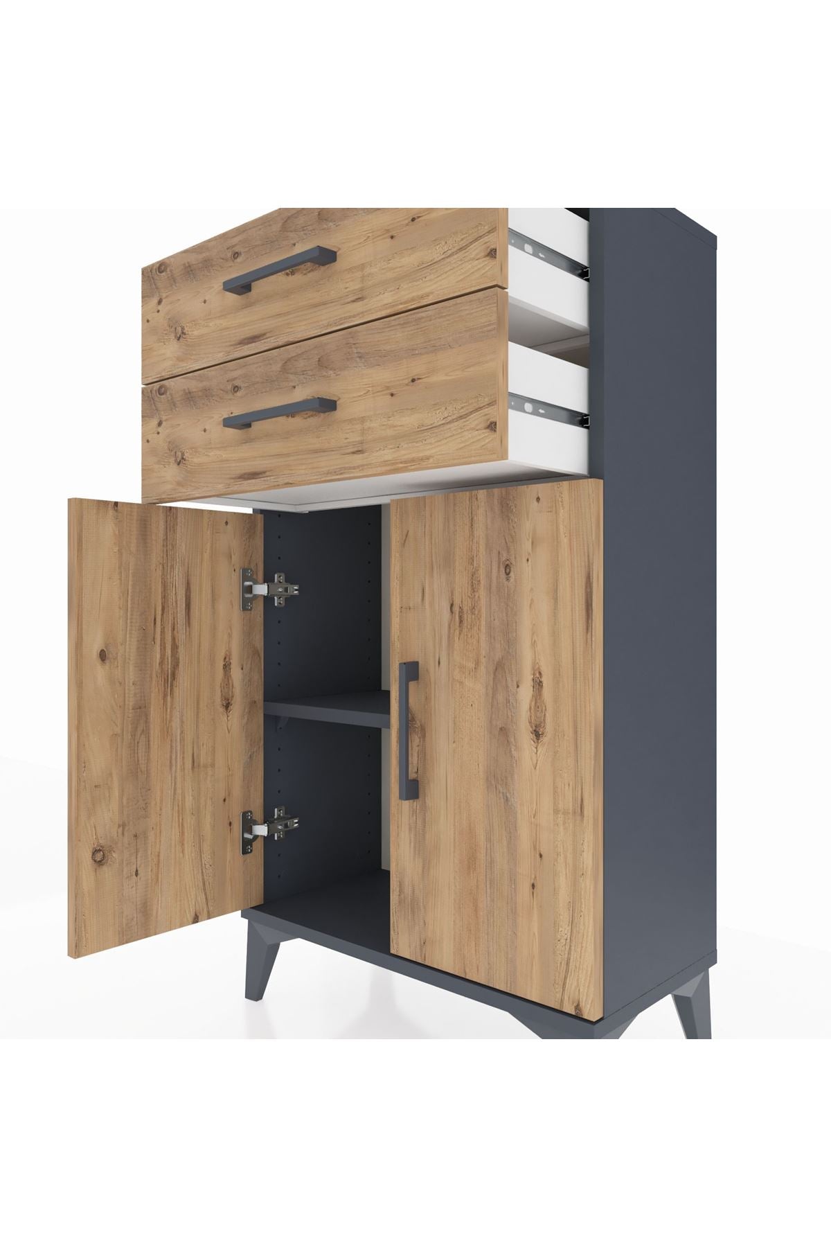 Arges Komodin Tek Raflı 2 Çekmeceli 2 Kapaklı 60x30x106 Antrasit-Çam