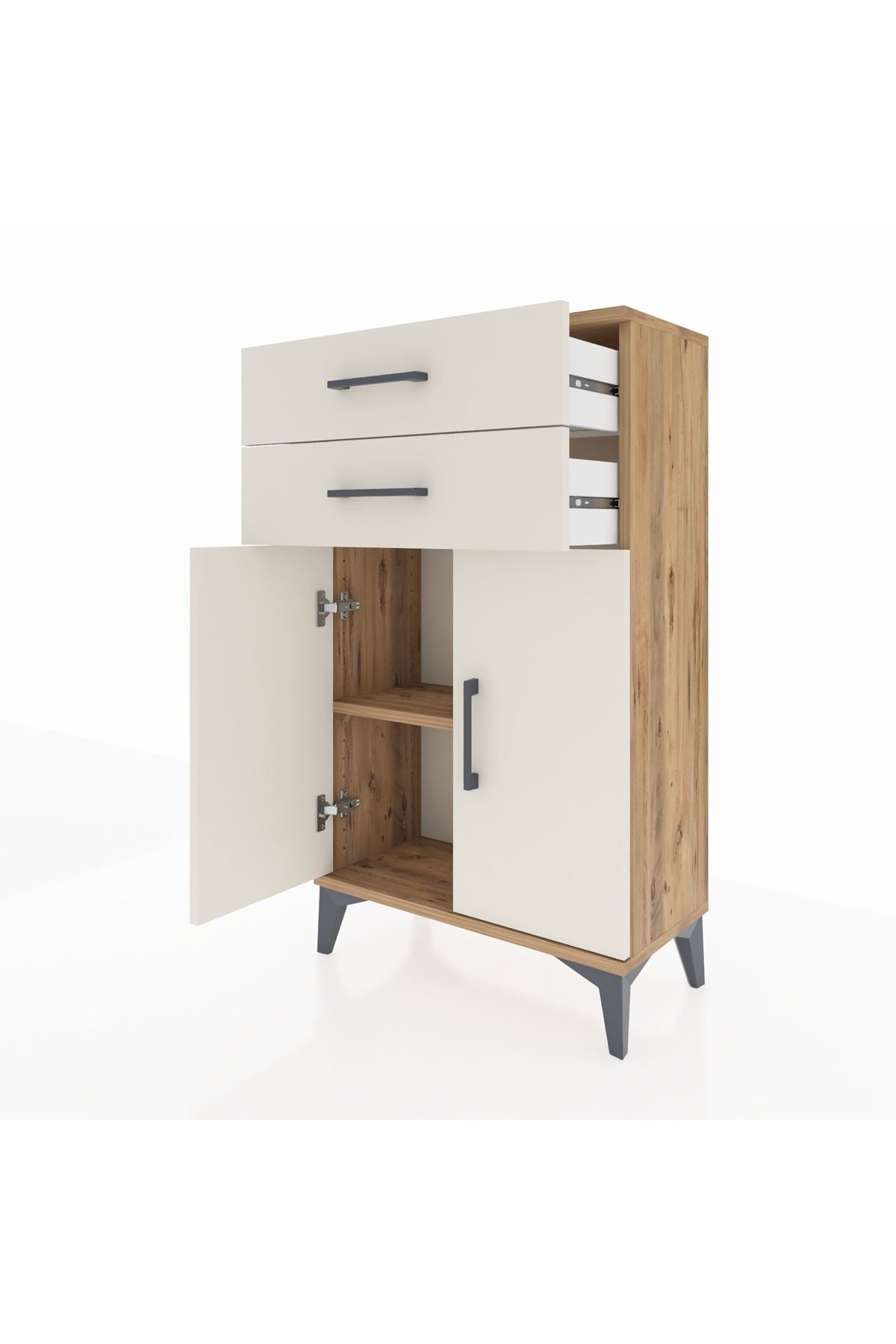 Arges Komodin Tek Raflı 2 Çekmeceli 2 Kapaklı 60x30x106 Çam-Aytaşı