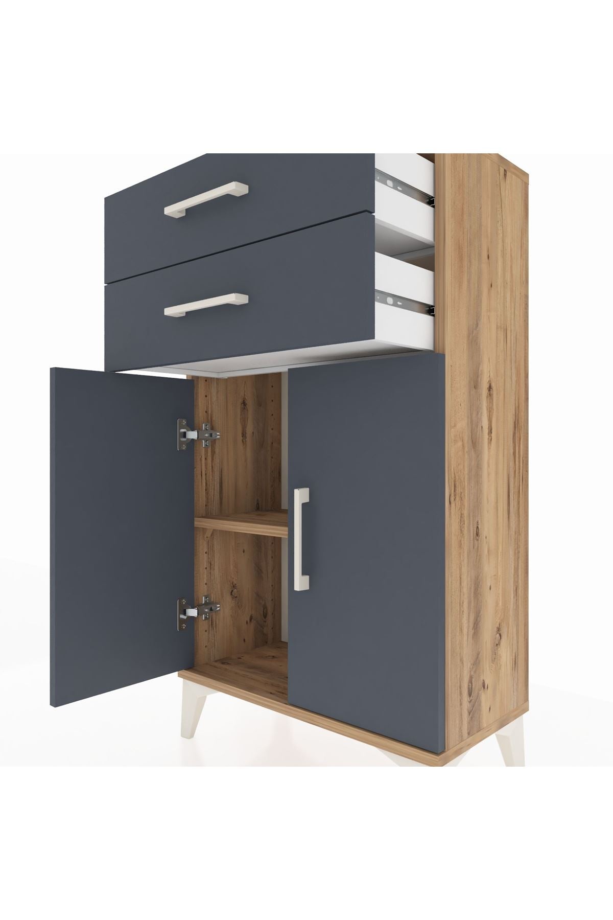 Arges Komodin Tek Raflı 2 Çekmeceli 2 Kapaklı 60x30x106 Çam-Antrasit
