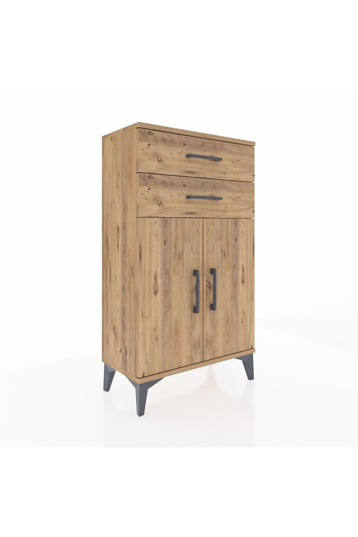 Arges Komodin Tek Raflı 2 Çekmeceli 2 Kapaklı 60x30x106 Çam-Çam