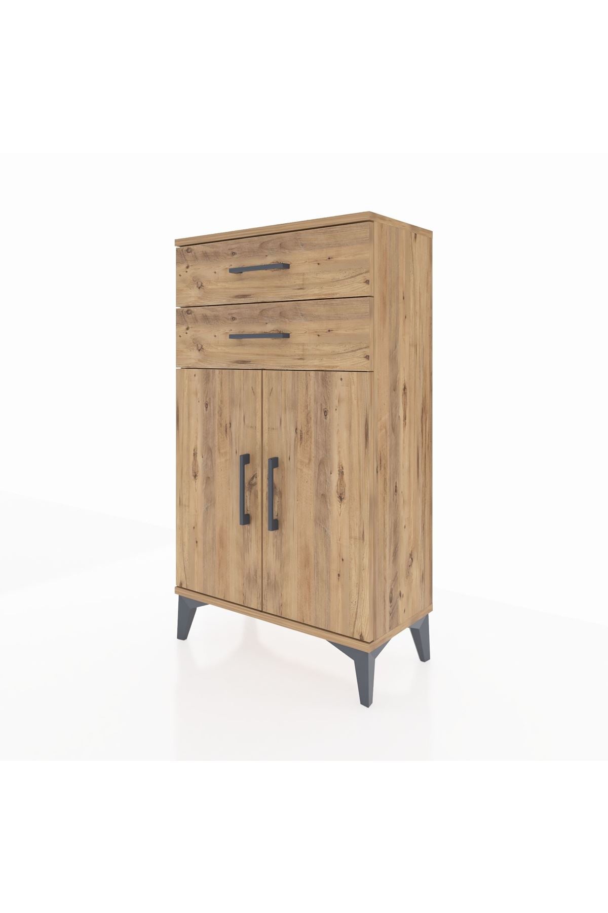 Arges Komodin Tek Raflı 2 Çekmeceli 2 Kapaklı 60x30x106 Çam-Çam