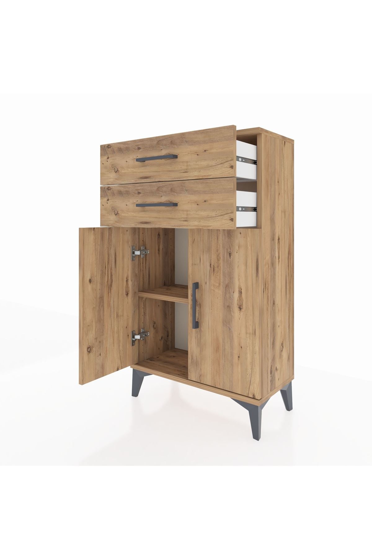 Arges Komodin Tek Raflı 2 Çekmeceli 2 Kapaklı 60x30x106 Çam-Çam