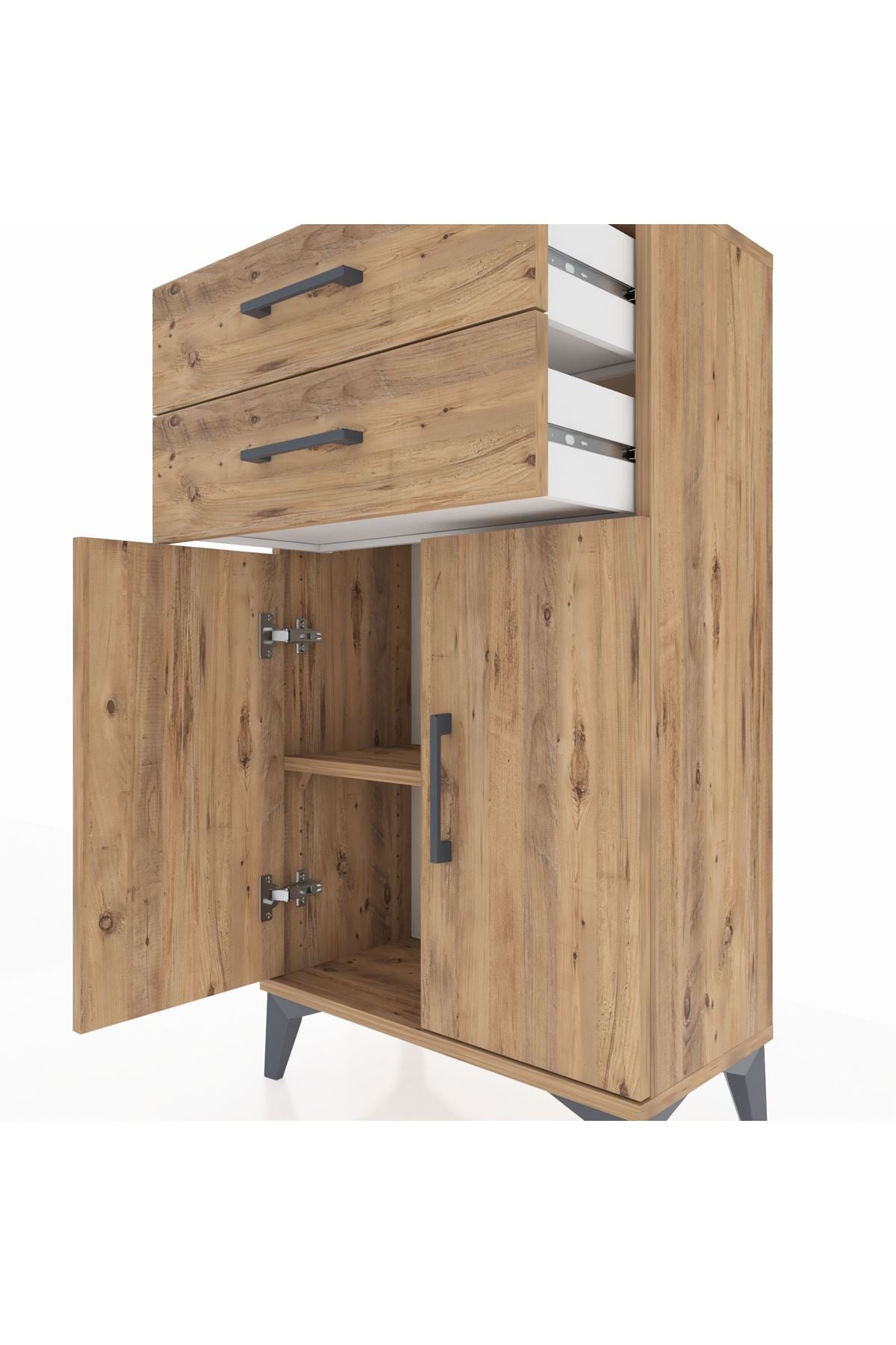 Arges Komodin Tek Raflı 2 Çekmeceli 2 Kapaklı 60x30x106 Çam-Çam