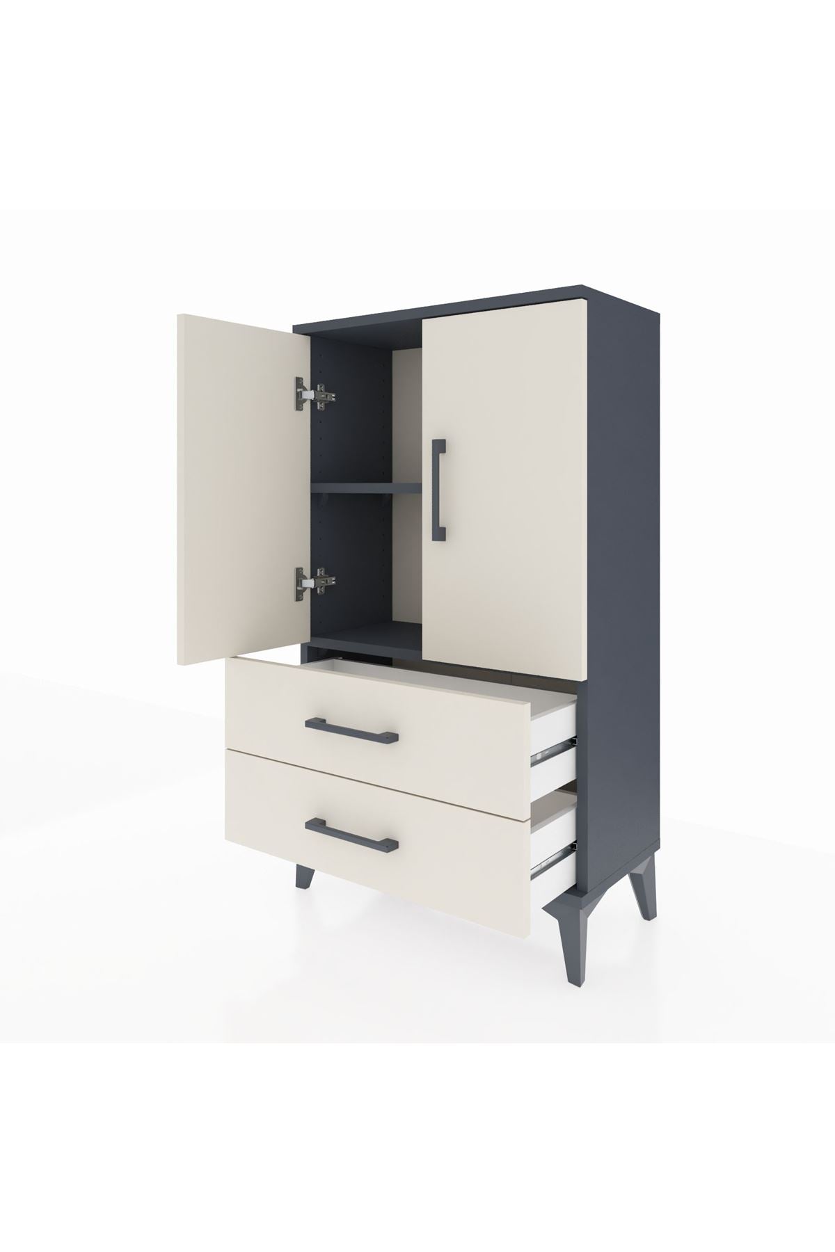 Arges Komodin 2 Raflı 2 Çekmeceli 2 Kapaklı 60x30x106 Antrasit-Aytaşı