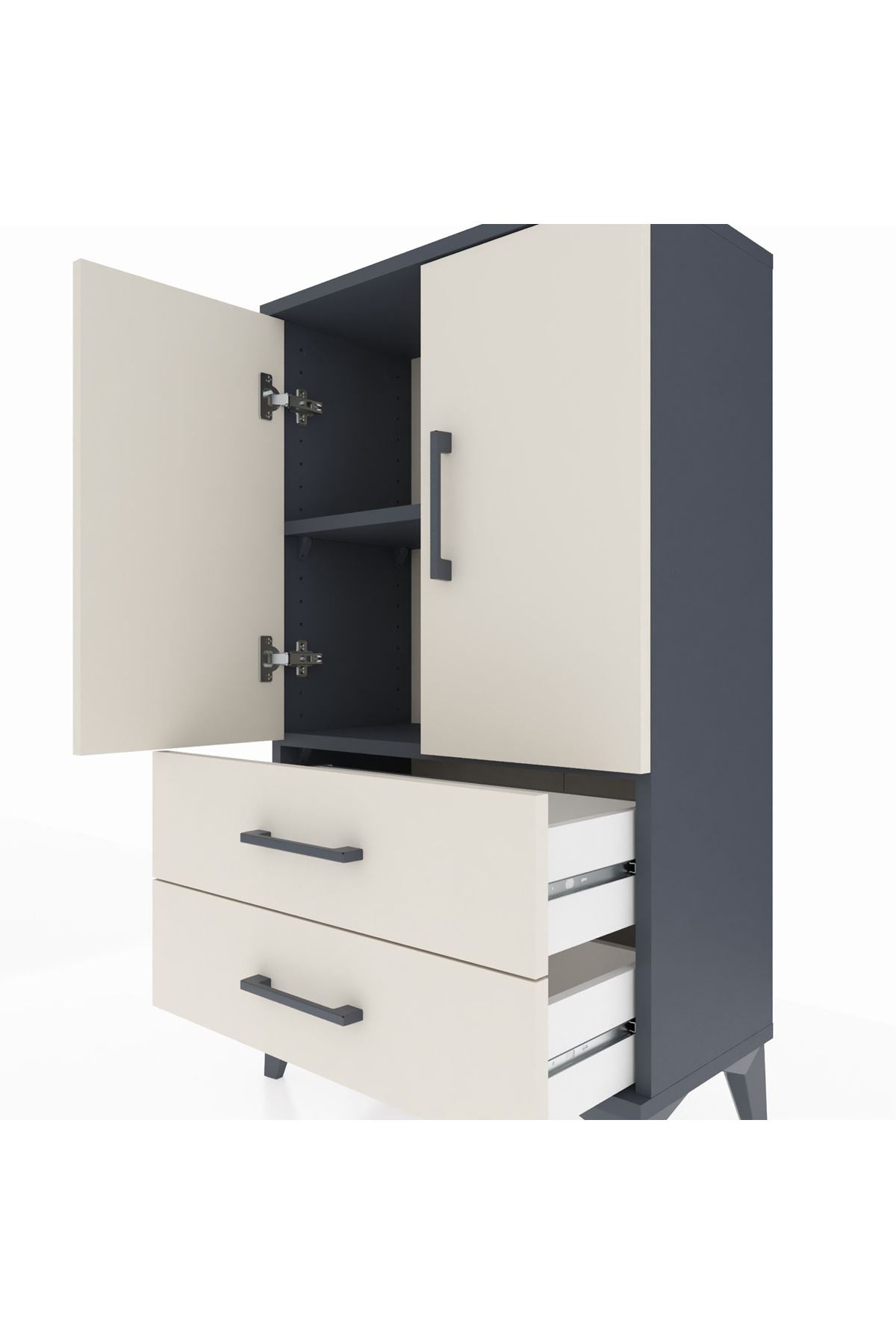 Arges Komodin 2 Raflı 2 Çekmeceli 2 Kapaklı 60x30x106 Antrasit-Aytaşı