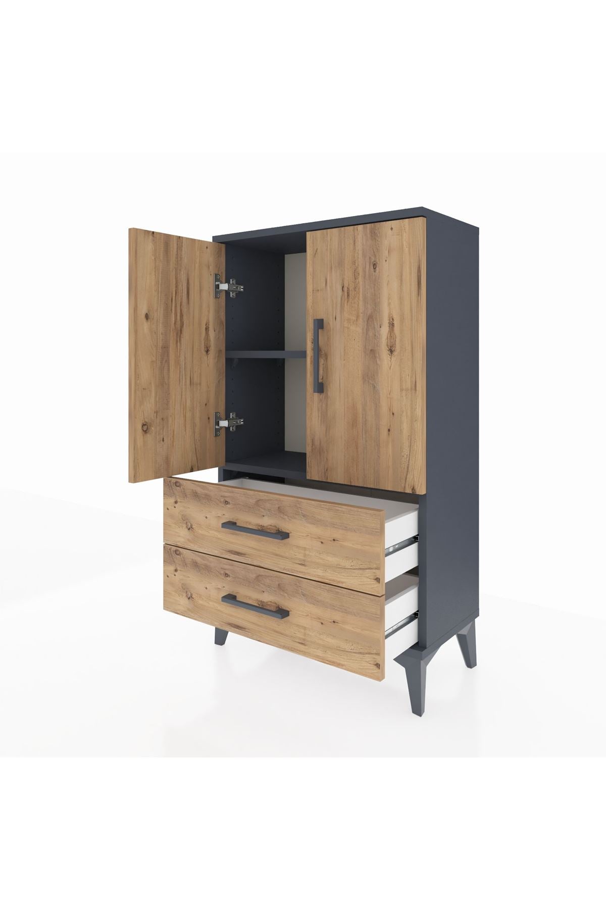 Arges Komodin 2 Raflı 2 Çekmeceli 2 Kapaklı 60x30x106 Antrasit-Çam