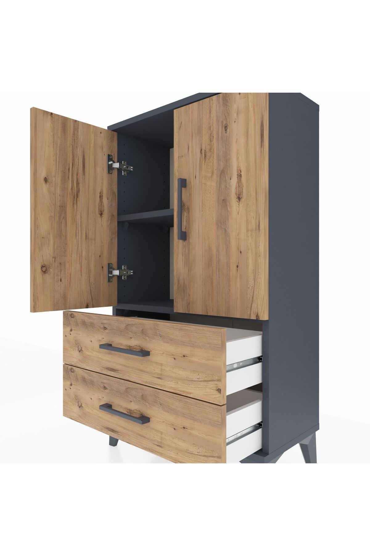 Arges Komodin 2 Raflı 2 Çekmeceli 2 Kapaklı 60x30x106 Antrasit-Çam