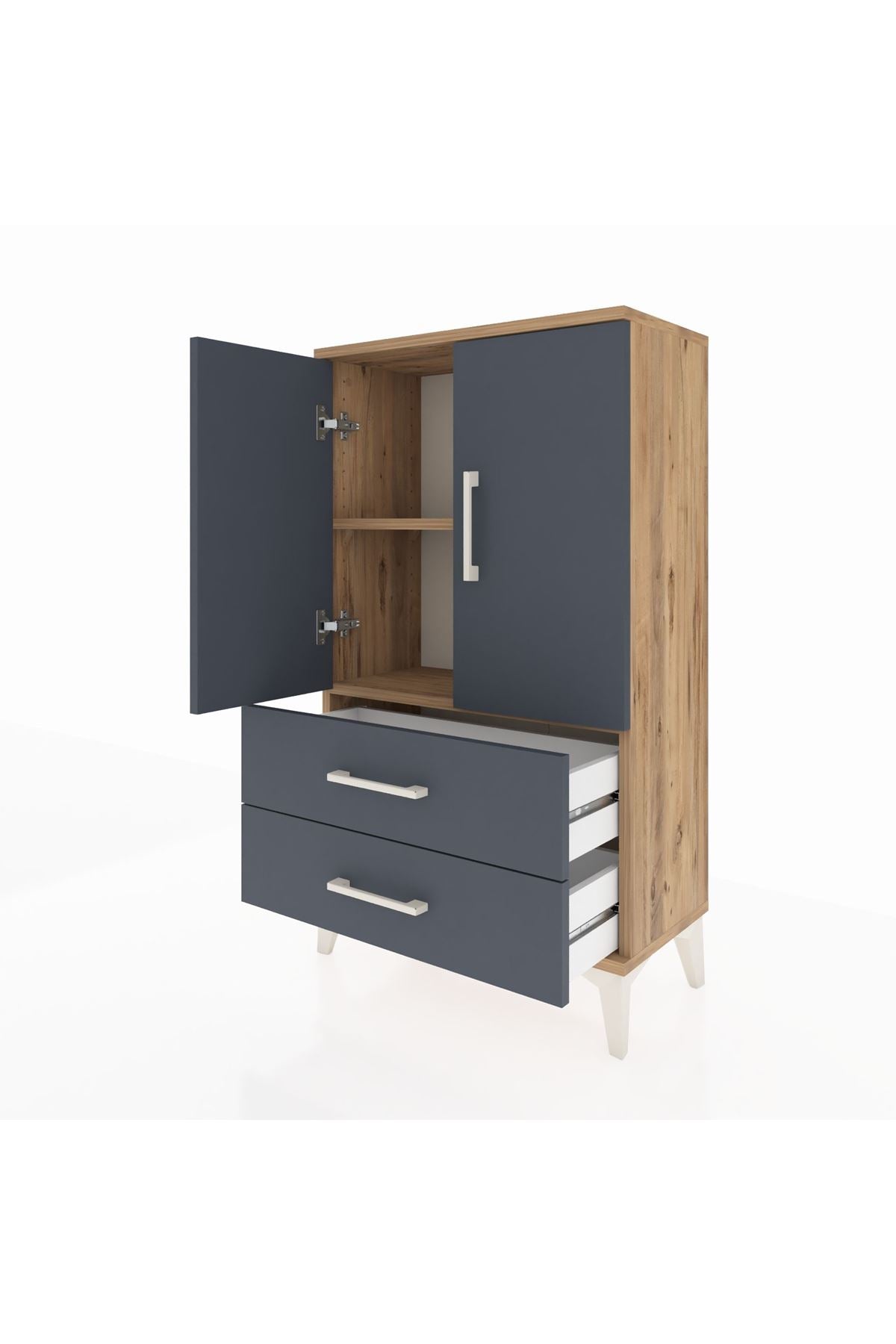 Arges Komodin 2 Raflı 2 Çekmeceli 2 Kapaklı 60x30x106 Çam-Antrasit