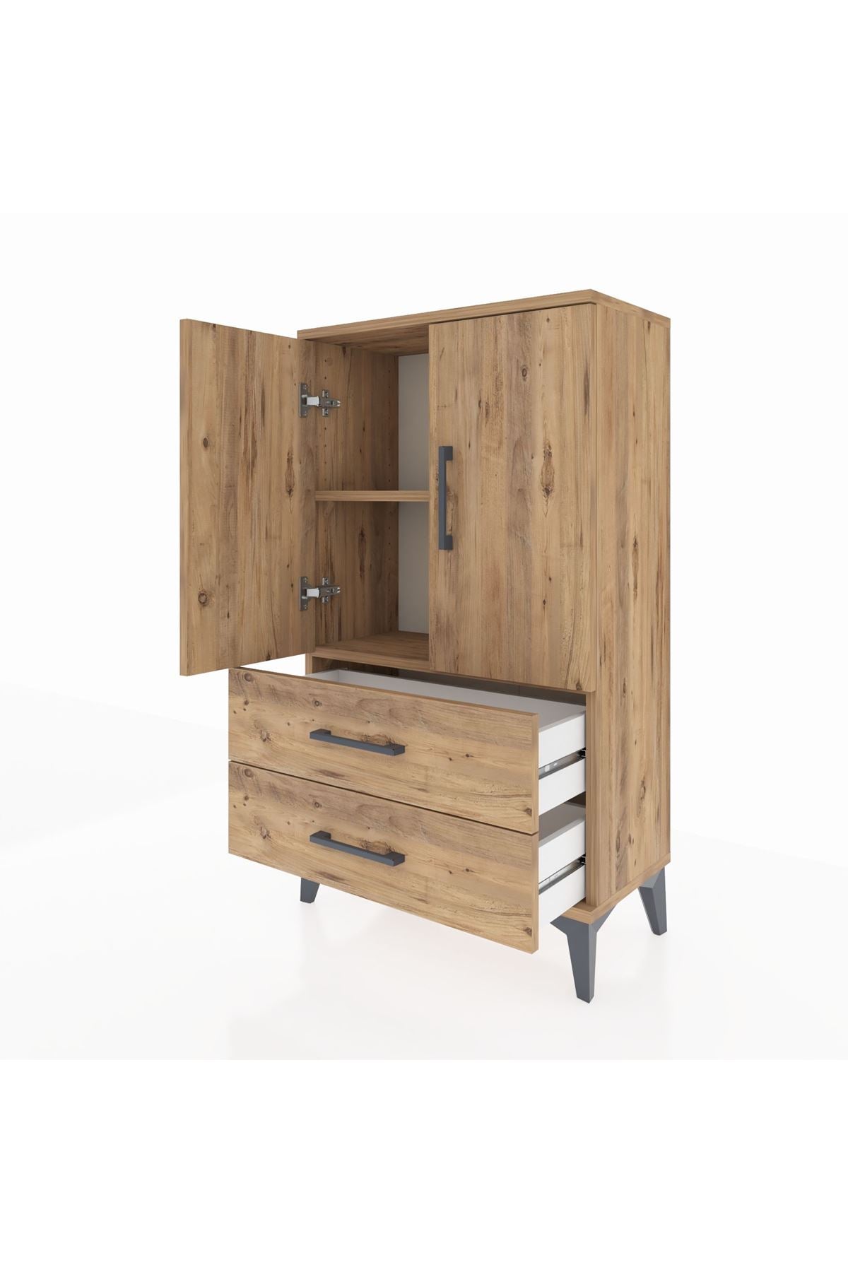 Arges Komodin 2 Raflı 2 Çekmeceli 2 Kapaklı 60x30x106 Çam-Çam