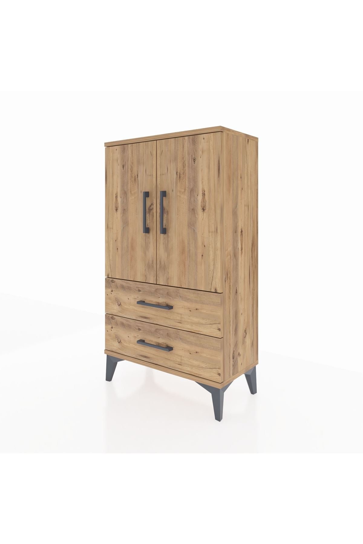 Arges Komodin 2 Raflı 2 Çekmeceli 2 Kapaklı 60x30x106 Çam-Çam