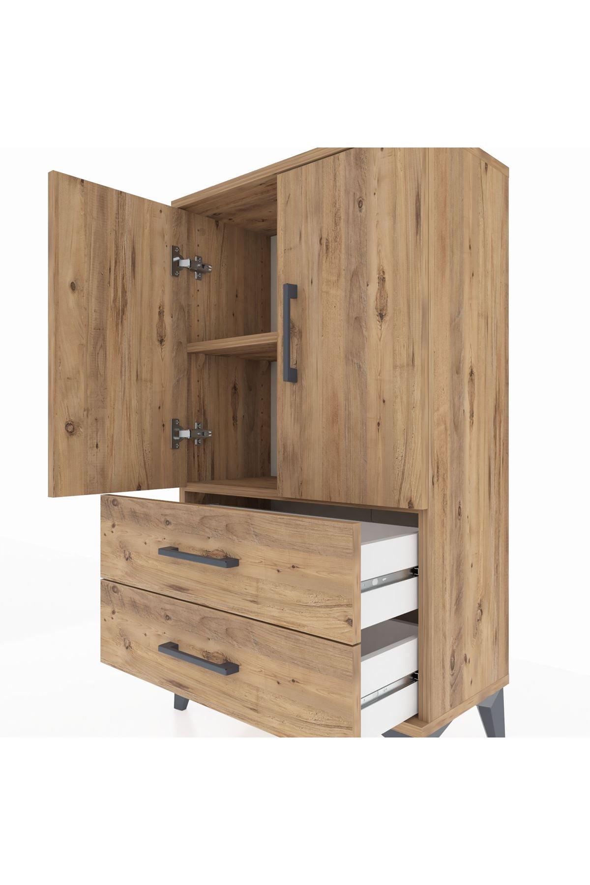 Arges Komodin 2 Raflı 2 Çekmeceli 2 Kapaklı 60x30x106 Çam-Çam