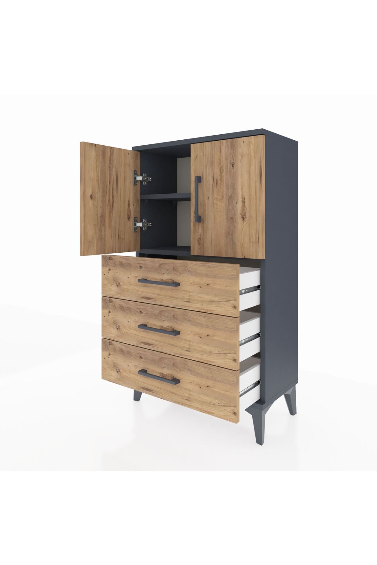 Arges Komodin 2 Raflı 3 Çekmeceli 2 Kapaklı 60x30x106 Antrasit-Çam