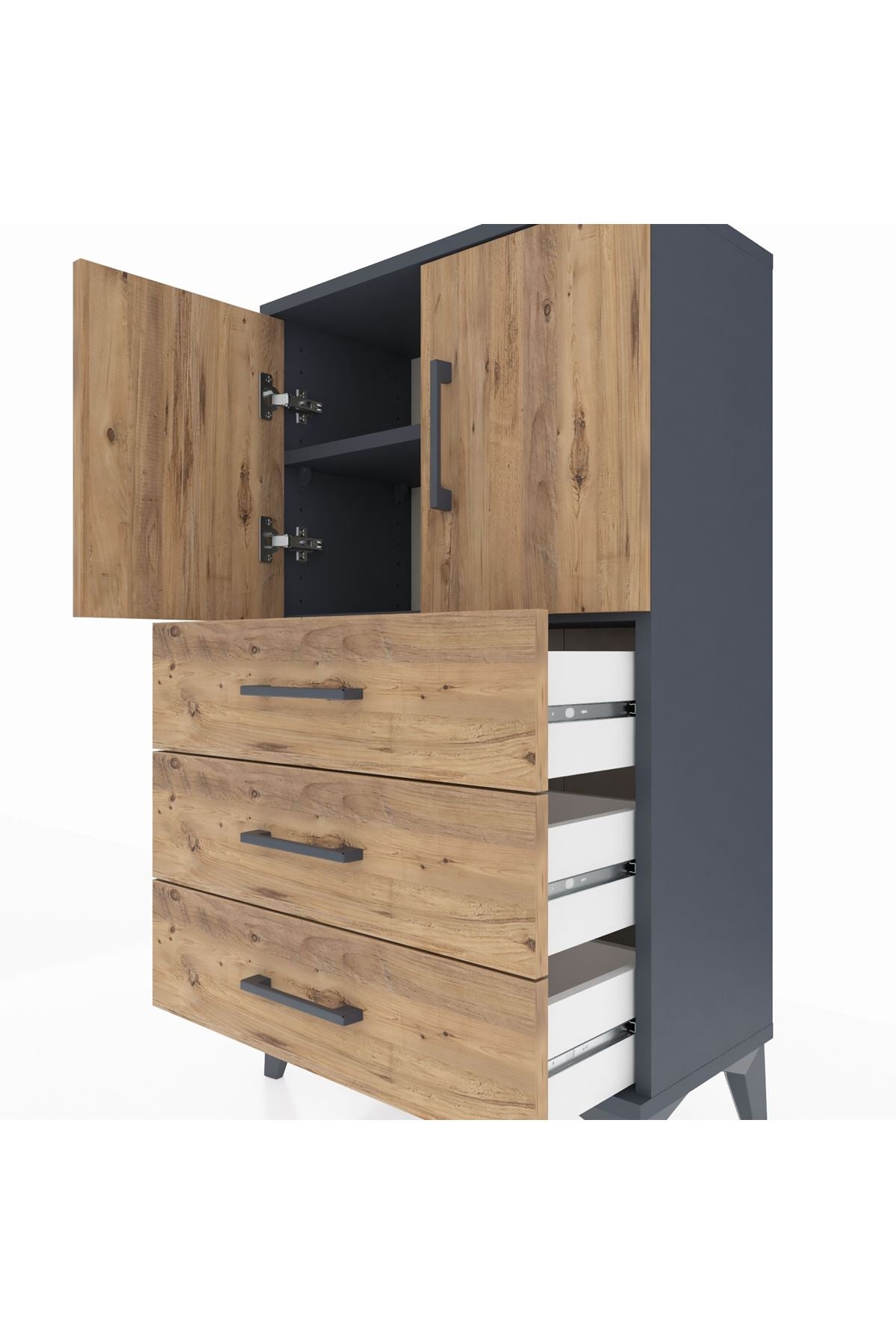 Arges Komodin 2 Raflı 3 Çekmeceli 2 Kapaklı 60x30x106 Antrasit-Çam