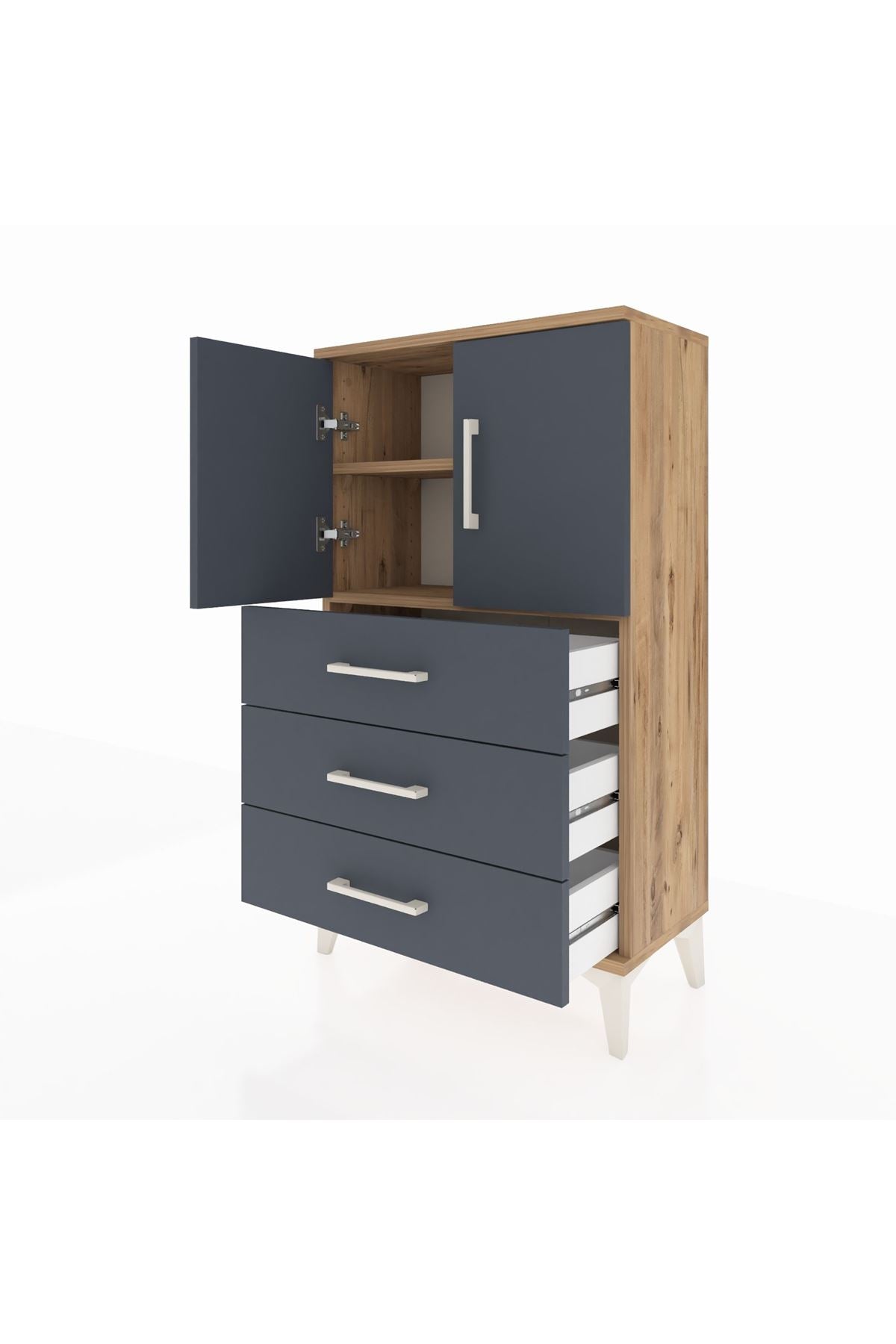 Arges Komodin 2 Raflı 3 Çekmeceli 2 Kapaklı 60x30x106 Çam-Antrasit