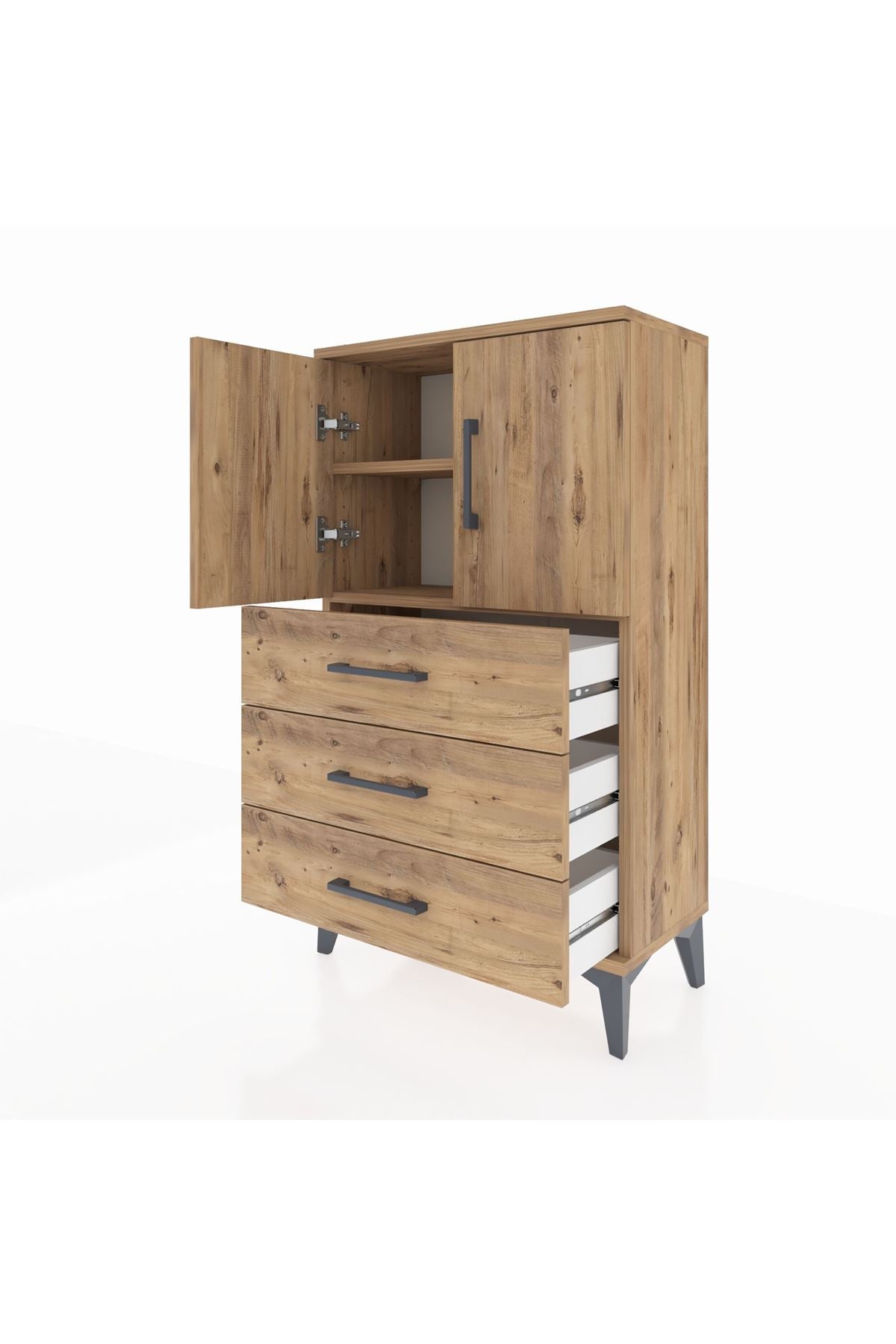 Arges Komodin 2 Raflı 3 Çekmeceli 2 Kapaklı 60x30x106 Çam-Çam