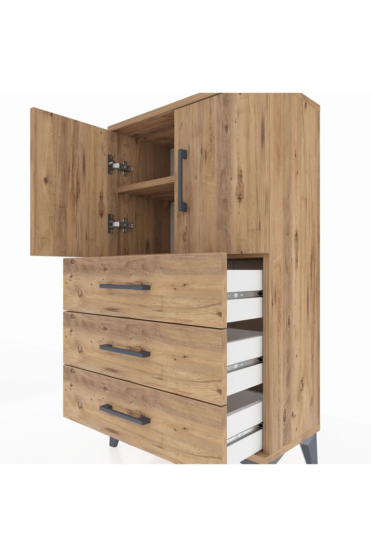 Arges Komodin 2 Raflı 3 Çekmeceli 2 Kapaklı 60x30x106 Çam-Çam