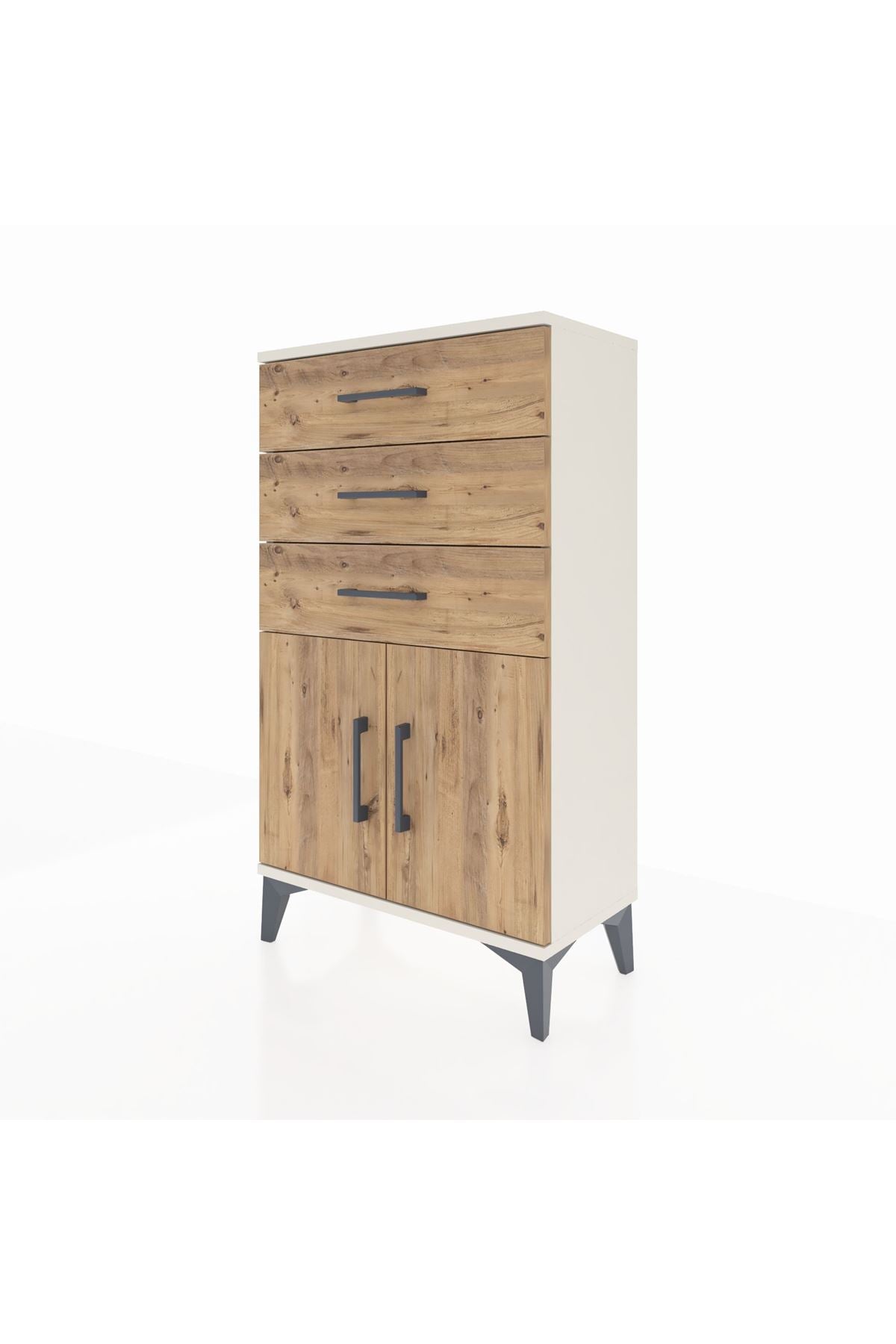 Arges Komodin Tek Raflı 3 Çekmeceli 2 Kapaklı 60x30x106 Aytaşı-Çam