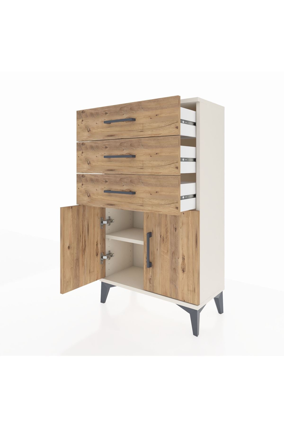 Arges Komodin Tek Raflı 3 Çekmeceli 2 Kapaklı 60x30x106 Aytaşı-Çam
