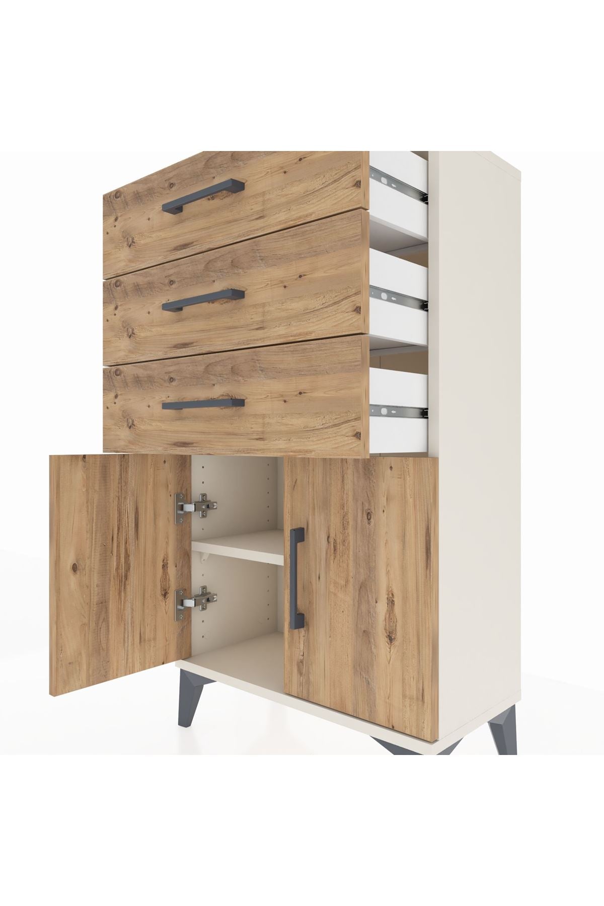 Arges Komodin Tek Raflı 3 Çekmeceli 2 Kapaklı 60x30x106 Aytaşı-Çam