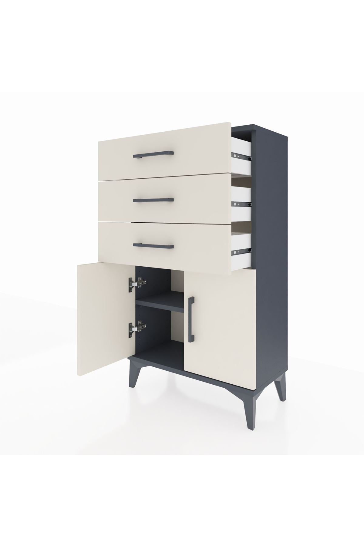 Arges Komodin Tek Raflı 3 Çekmeceli 2 Kapaklı 60x30x106 Antrasit-Aytaşı