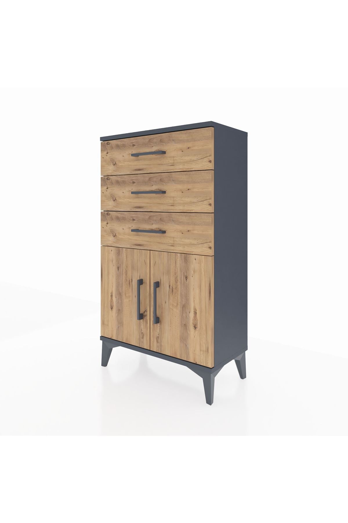 Arges Komodin Tek Raflı 3 Çekmeceli 2 Kapaklı 60x30x106 Antrasit-Çam