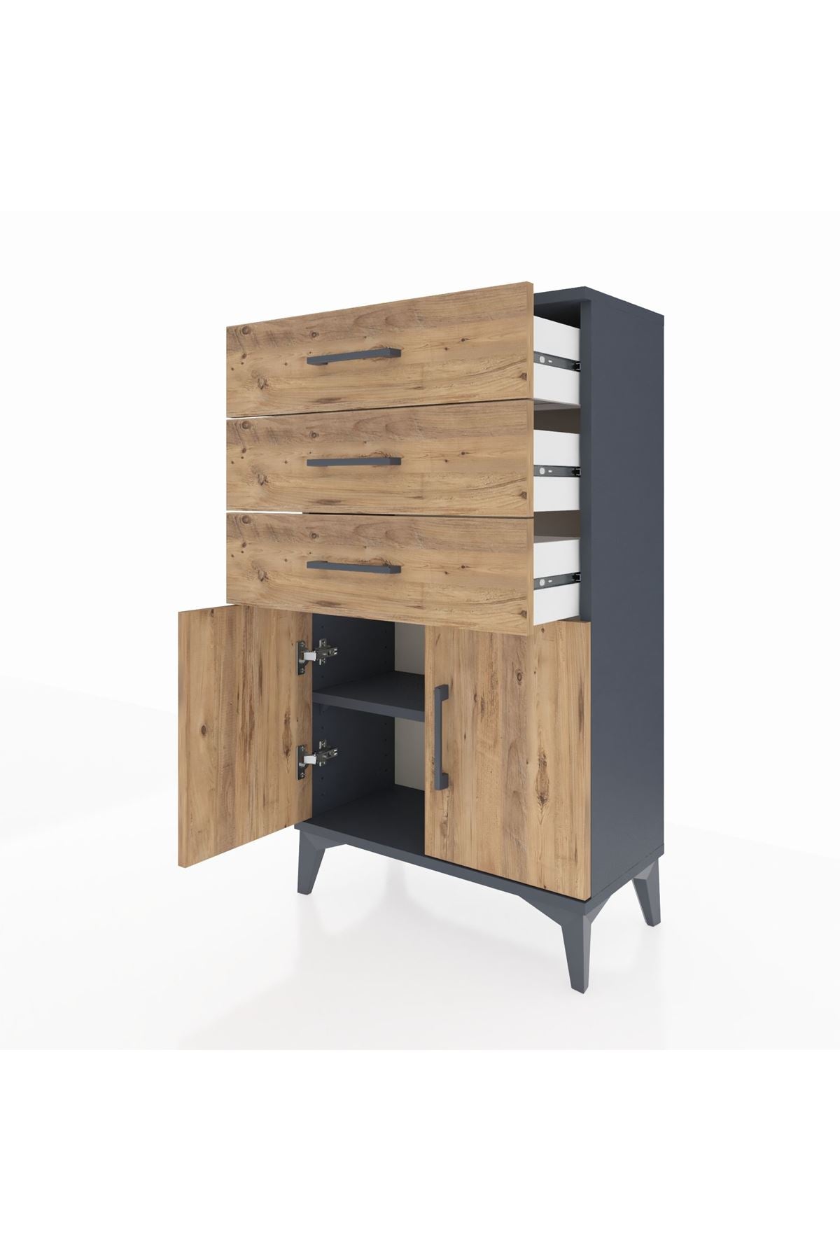 Arges Komodin Tek Raflı 3 Çekmeceli 2 Kapaklı 60x30x106 Antrasit-Çam