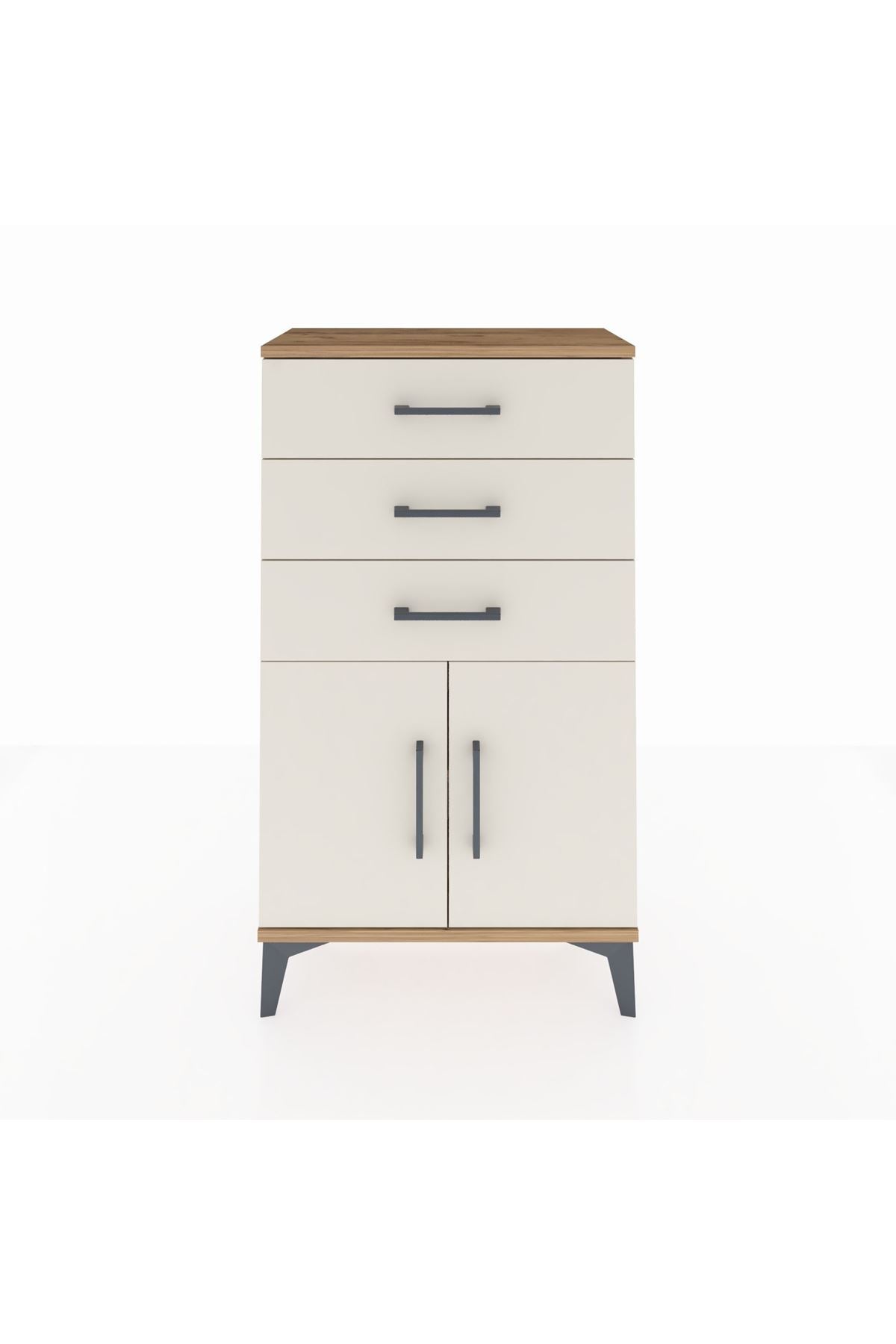 Arges Komodin Tek Raflı 3 Çekmeceli 2 Kapaklı 60x30x106 Çam-Aytaşı