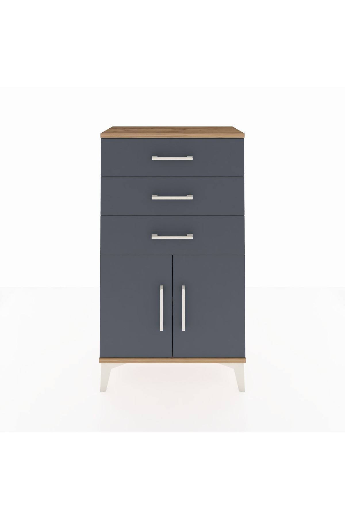 Arges Komodin Tek Raflı 3 Çekmeceli 2 Kapaklı 60x30x106 Çam-Antrasit