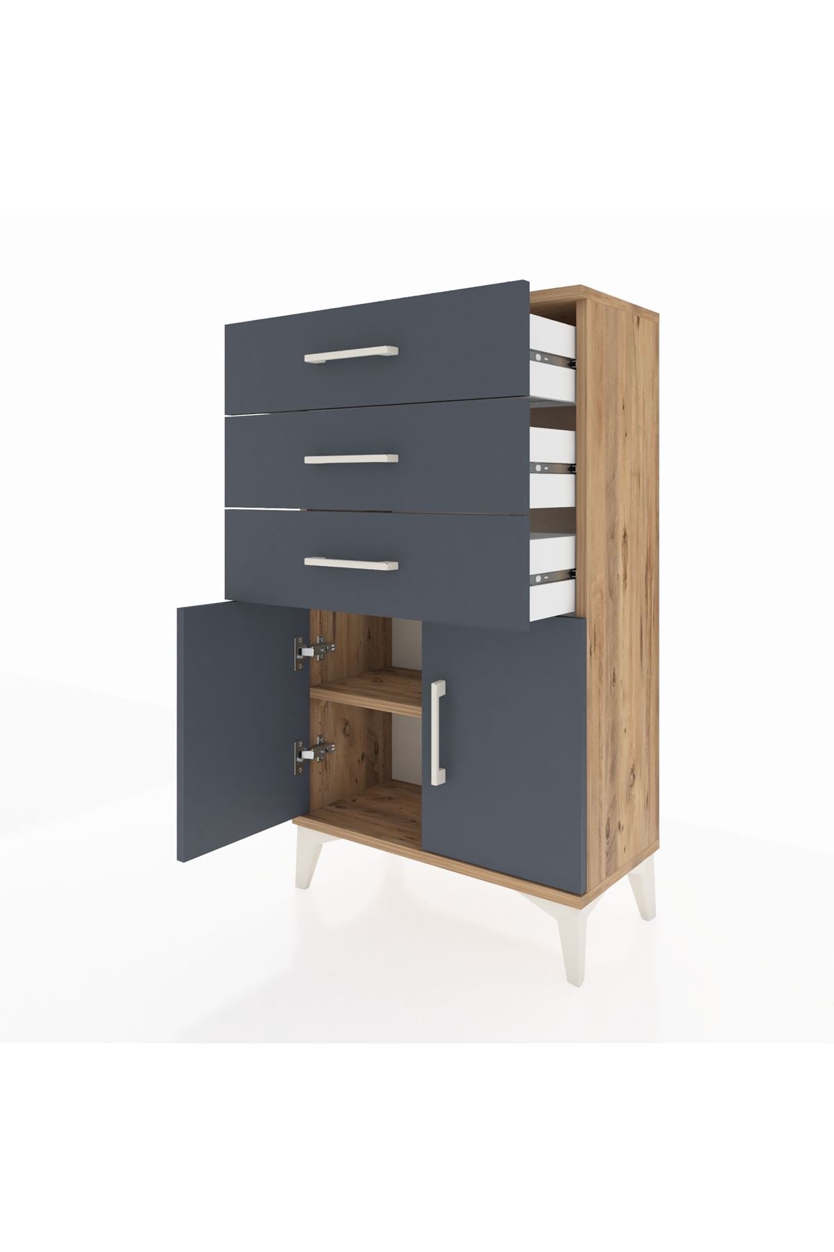 Arges Komodin Tek Raflı 3 Çekmeceli 2 Kapaklı 60x30x106 Çam-Antrasit